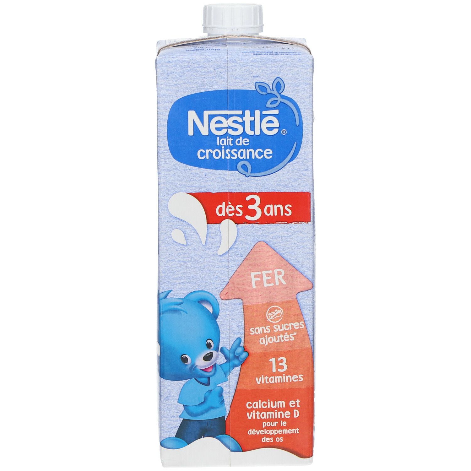 Face avant de l'emballage Nestlé Lait de Croissance. Emballage bleu avec logo, texte et illustrations. Contient du fer, 13 vitamines et du calcium.