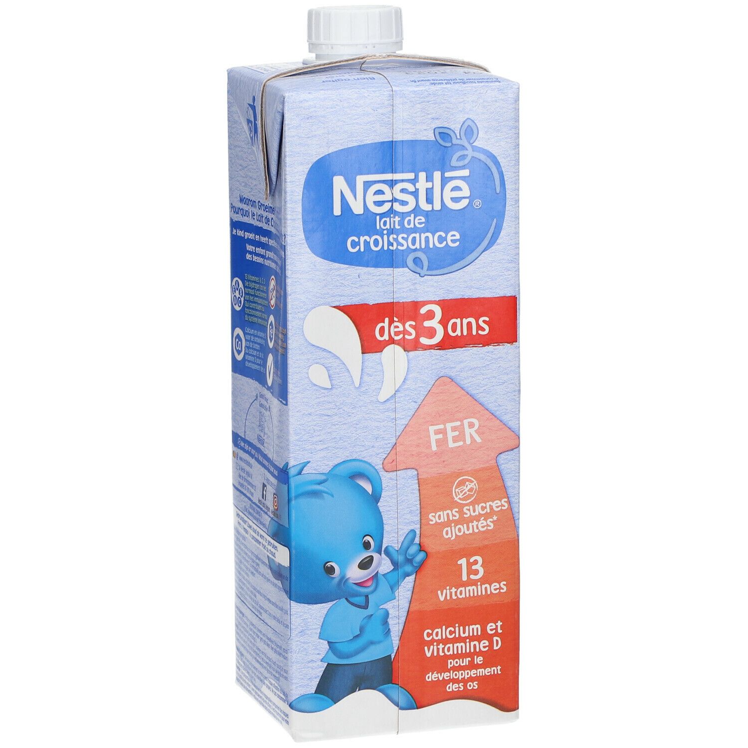 Face avant de l'emballage Nestlé Lait de Croissance. Emballage bleu avec logo, texte et illustrations. Contient du fer, 13 vitamines et du calcium.