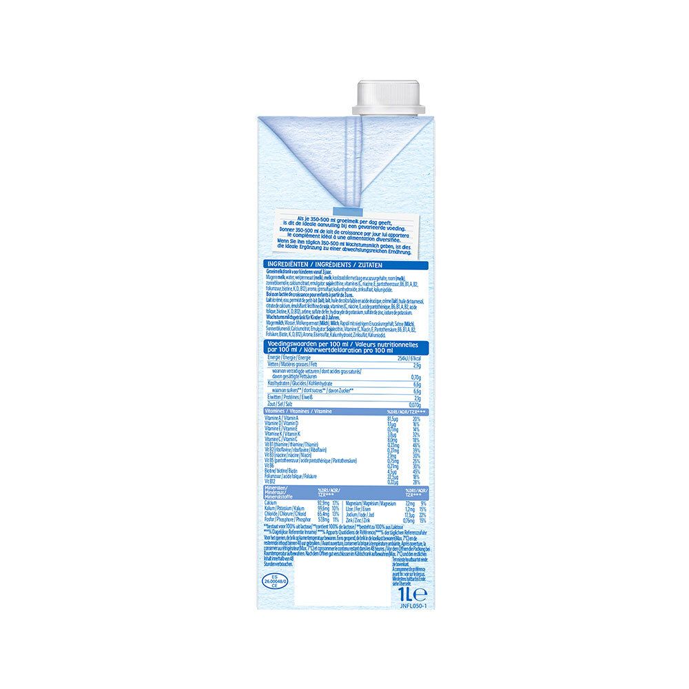 Dos de l'emballage Nestlé Lait de Croissance. Contient du texte, des informations nutritionnelles et des illustrations. Avec indication 1L.