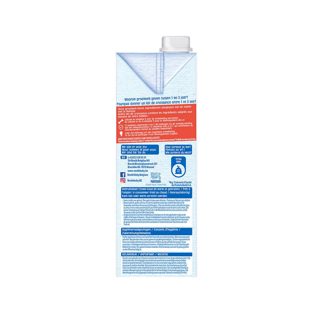 Dos de l'emballage Nestlé Lait de Croissance. Contient du texte, des informations nutritionnelles et des illustrations. Avec symbole de recyclage.