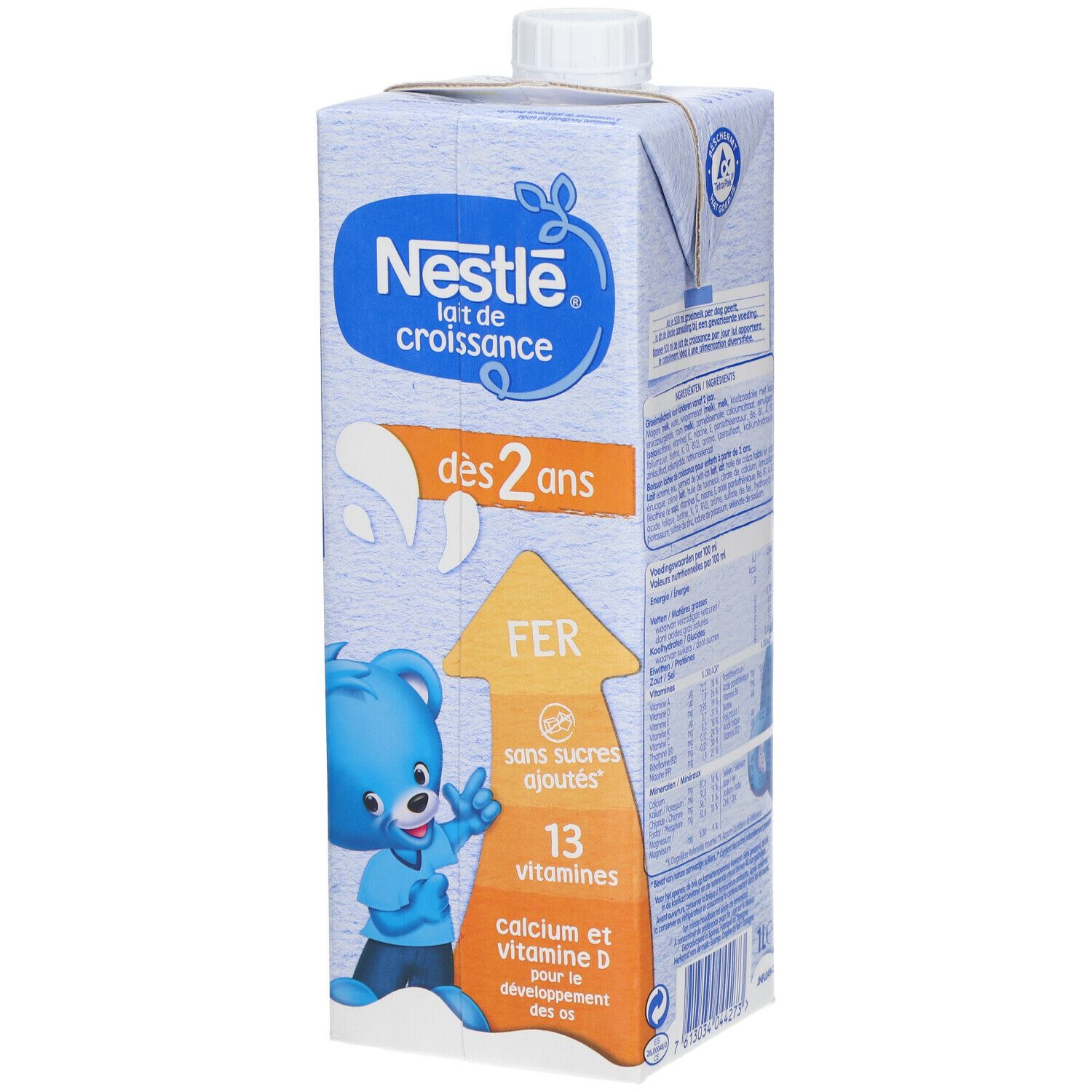 Brique de Nestlé Lait de croissance dès 2 ans. Contient du fer, sans sucres ajoutés, 13 vitamines. Illustration d'un ours bleu. Informations nutritionnelles.