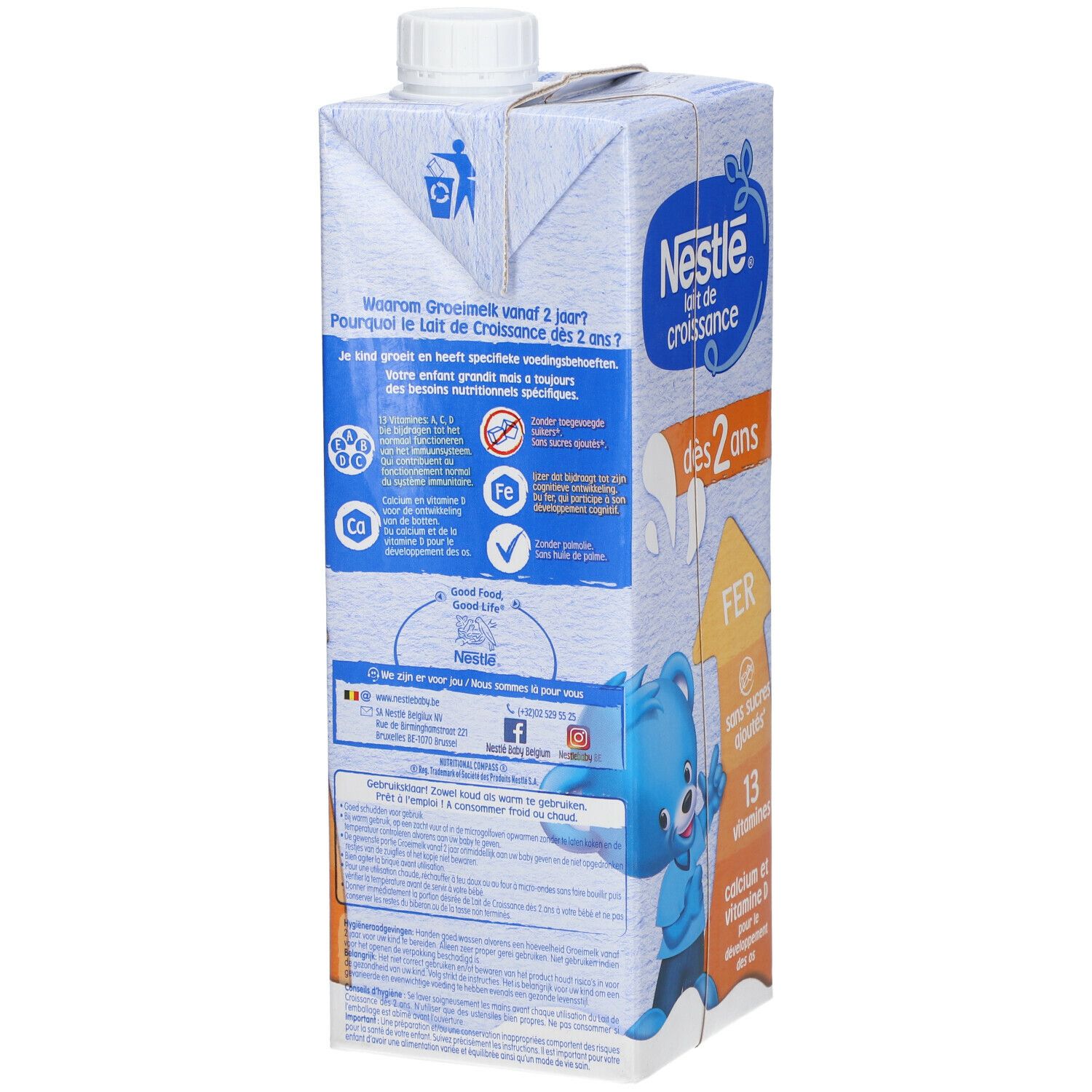 Dos de la brique Nestlé Lait de croissance. Informations nutritionnelles, liste des ingrédients et coordonnées. Illustration d'un ours bleu.