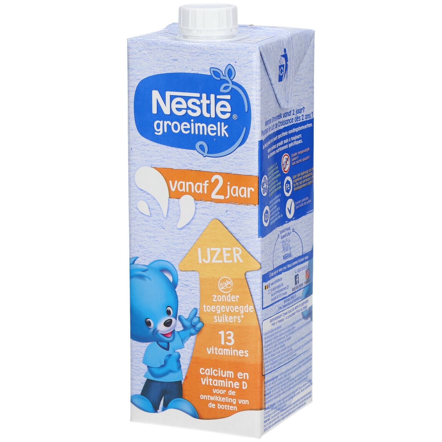 Brique de Nestlé groeimelk dès 2 ans. Contient du fer, sans sucres ajoutés, 13 vitamines. Illustration d'un ours bleu. Informations nutritionnelles.