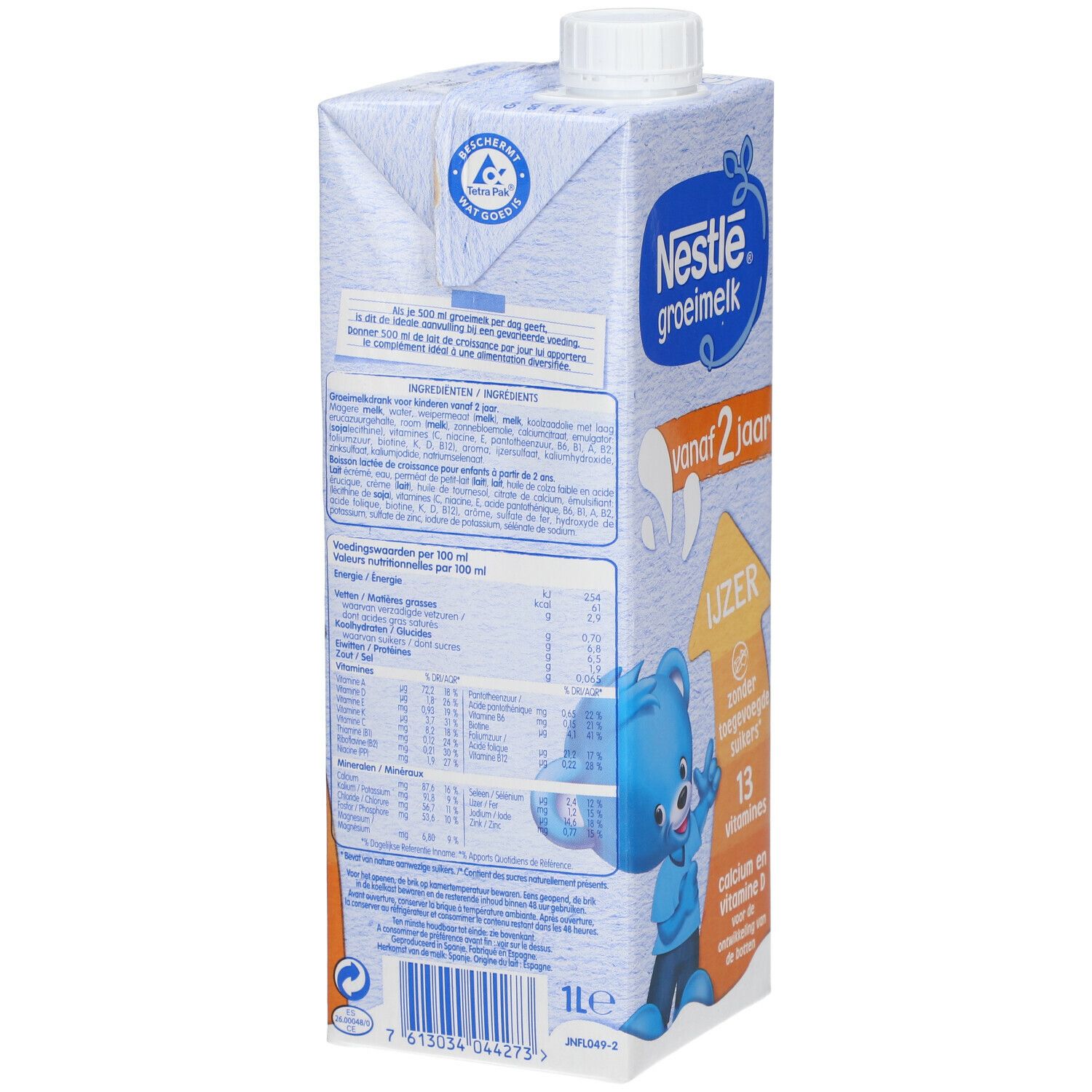 Dos de la brique Nestlé groeimelk. Informations nutritionnelles, liste des ingrédients et coordonnées. Illustration d'un ours bleu.