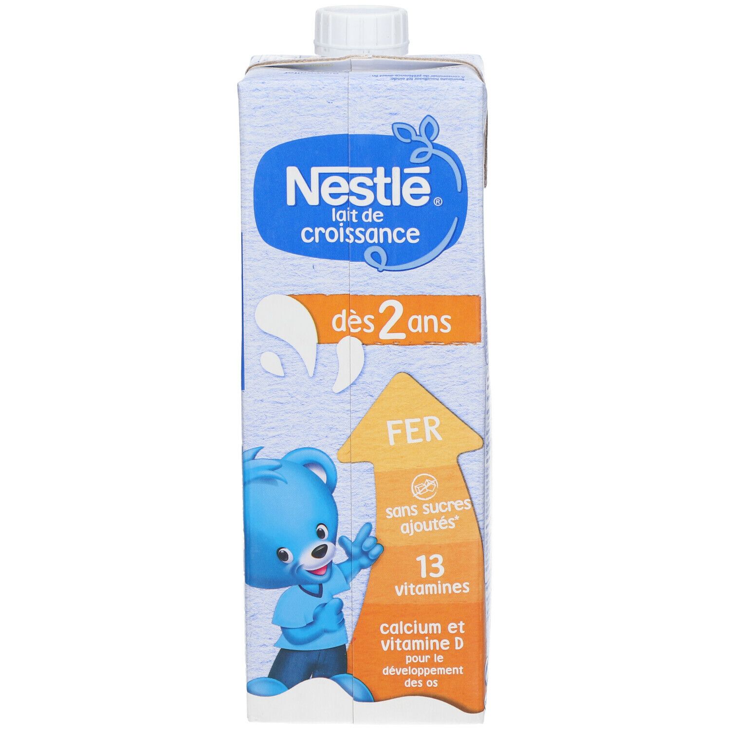 Brique de Nestlé Lait de croissance dès 2 ans. Contient du fer, sans sucres ajoutés, 13 vitamines. Illustration d'un ours bleu. Informations nutritionnelles.