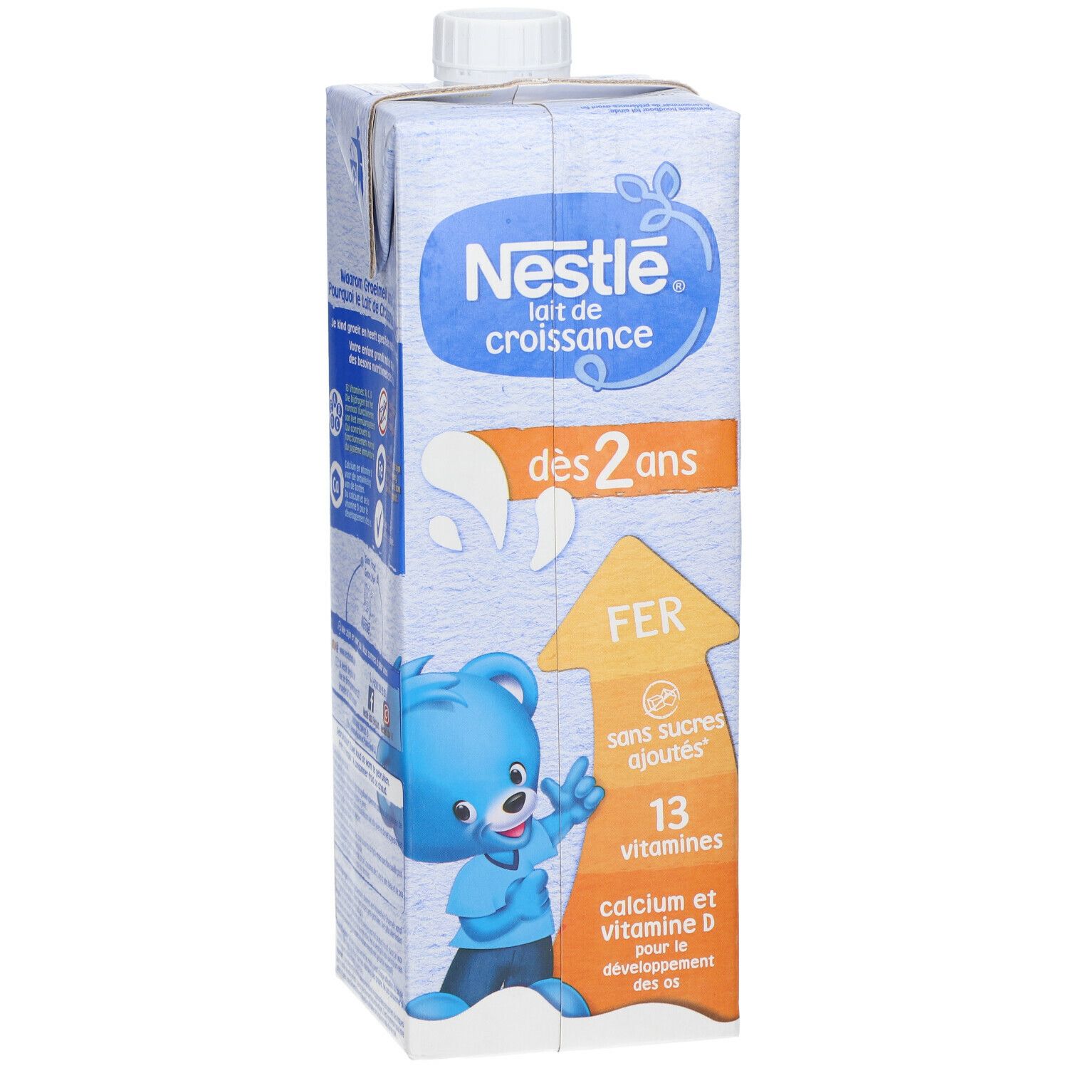 Brique de Nestlé Lait de croissance dès 2 ans. Contient du fer, sans sucres ajoutés, 13 vitamines. Illustration d'un ours bleu. Informations nutritionnelles.