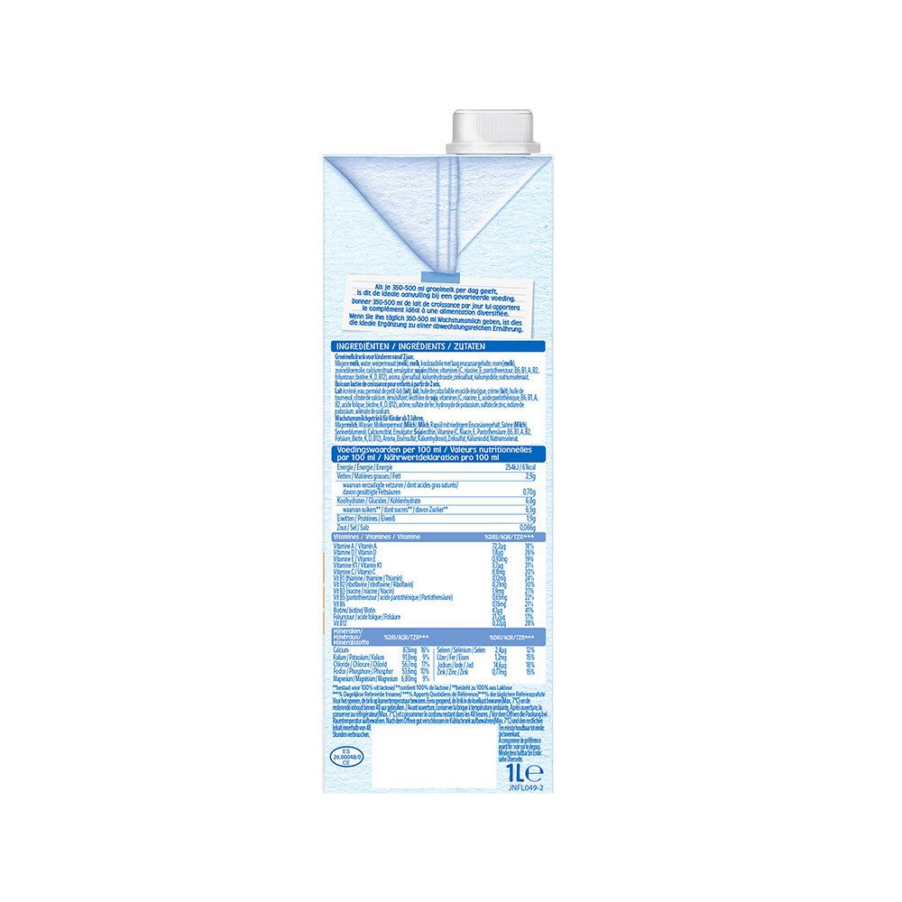 Dos de la brique Nestlé Lait de croissance. Informations nutritionnelles et liste des ingrédients. 1 litre.