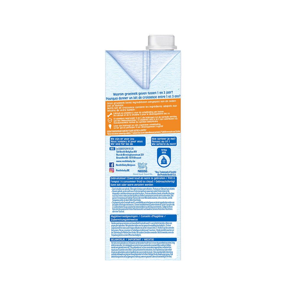 Dos de la brique Nestlé Lait de croissance. Informations nutritionnelles et liste des ingrédients. 1 litre.