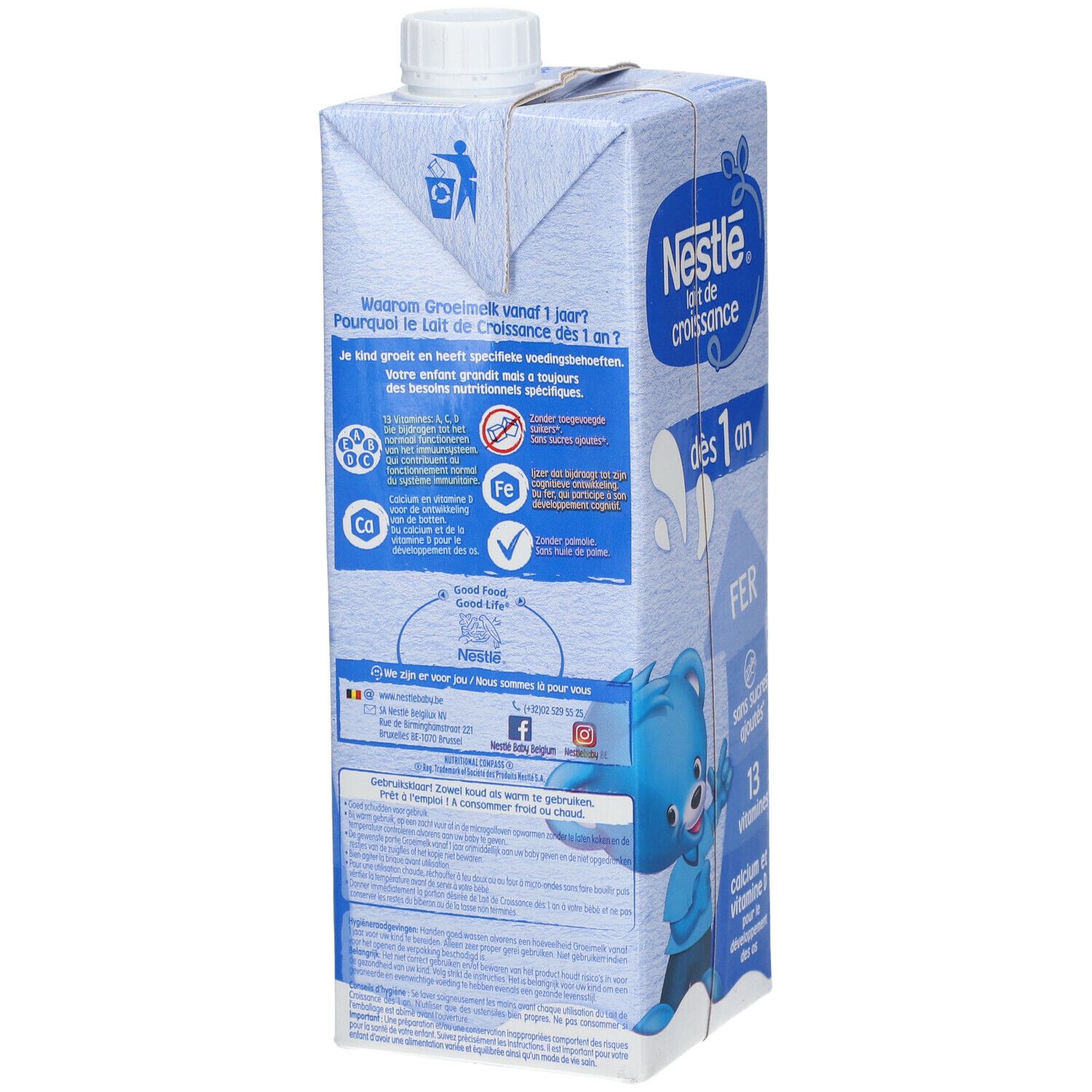 Dos de la brique Tetrapack. Texte multilingue. Informations nutritionnelles, ingrédients et symboles de recyclage.