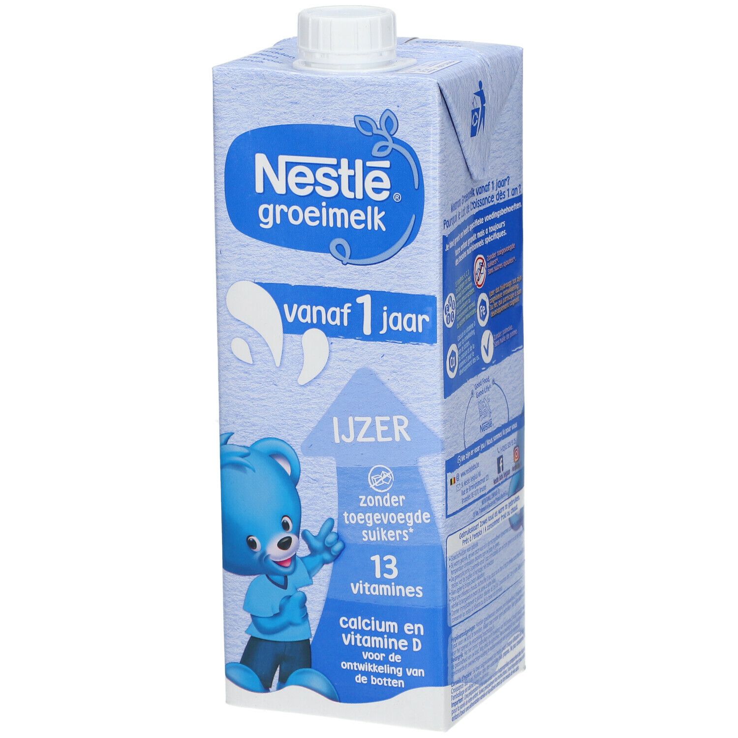 Brique Tetrapack bleue et blanche Nestlé groeimelk. Texte: vanaf 1 jaar, IJZER, zonder toegevoegde suikers, 13 vitamines, calcium et vitamine D.