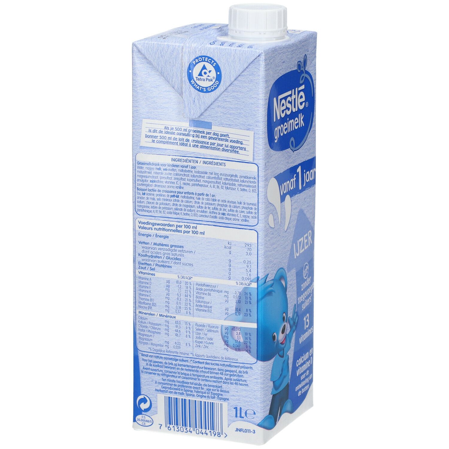 Dos de la brique Tetrapack avec informations nutritionnelles et ingrédients. Texte multilingue. Volume: 1L.