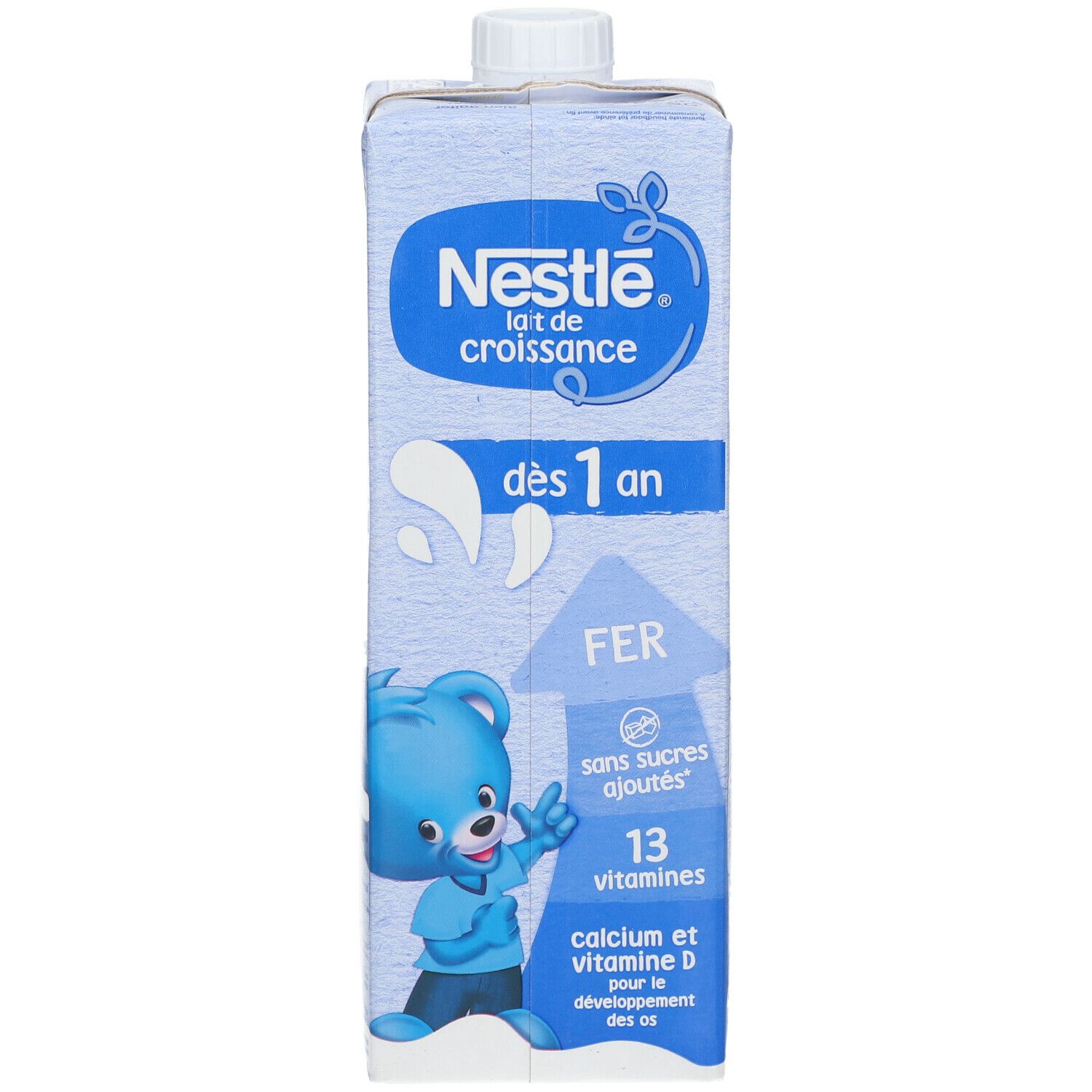 Brique Tetrapack bleue et blanche Nestlé Lait de croissance. Texte: dès 1 an, FER, sans sucres ajoutés, 13 vitamines, calcium et vitamine D.