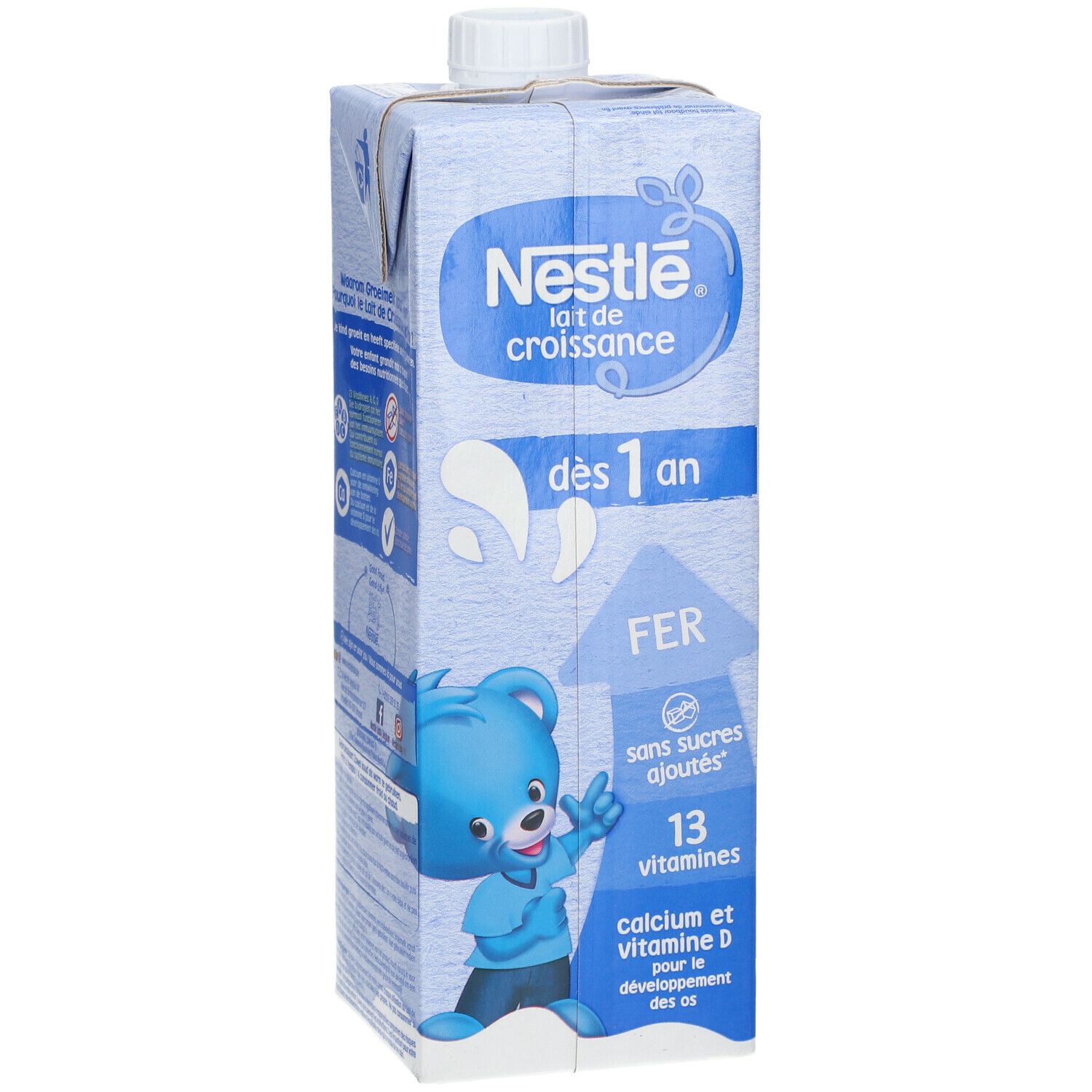 Brique Tetrapack bleue et blanche Nestlé Lait de croissance. Texte: dès 1 an, FER, sans sucres ajoutés, 13 vitamines, calcium et vitamine D.