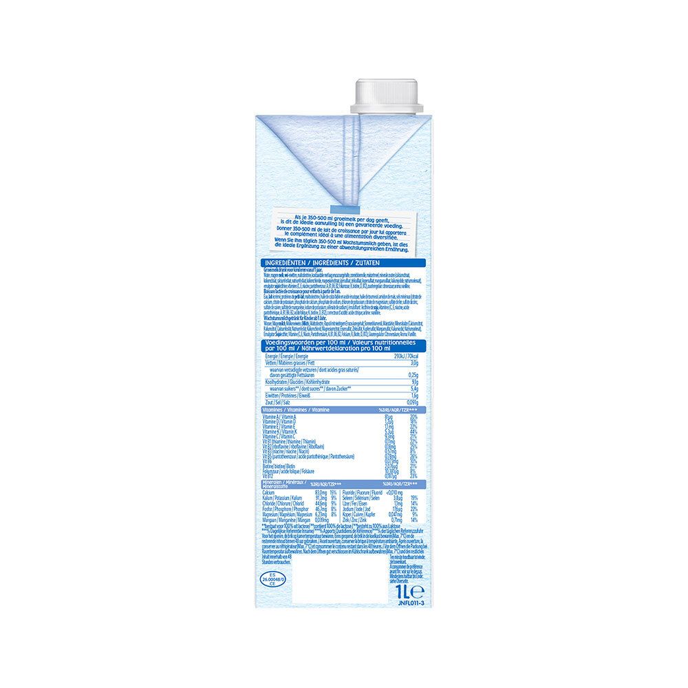 Dos de la brique Tetrapack. Texte multilingue. Informations nutritionnelles, ingrédients et symboles de recyclage.