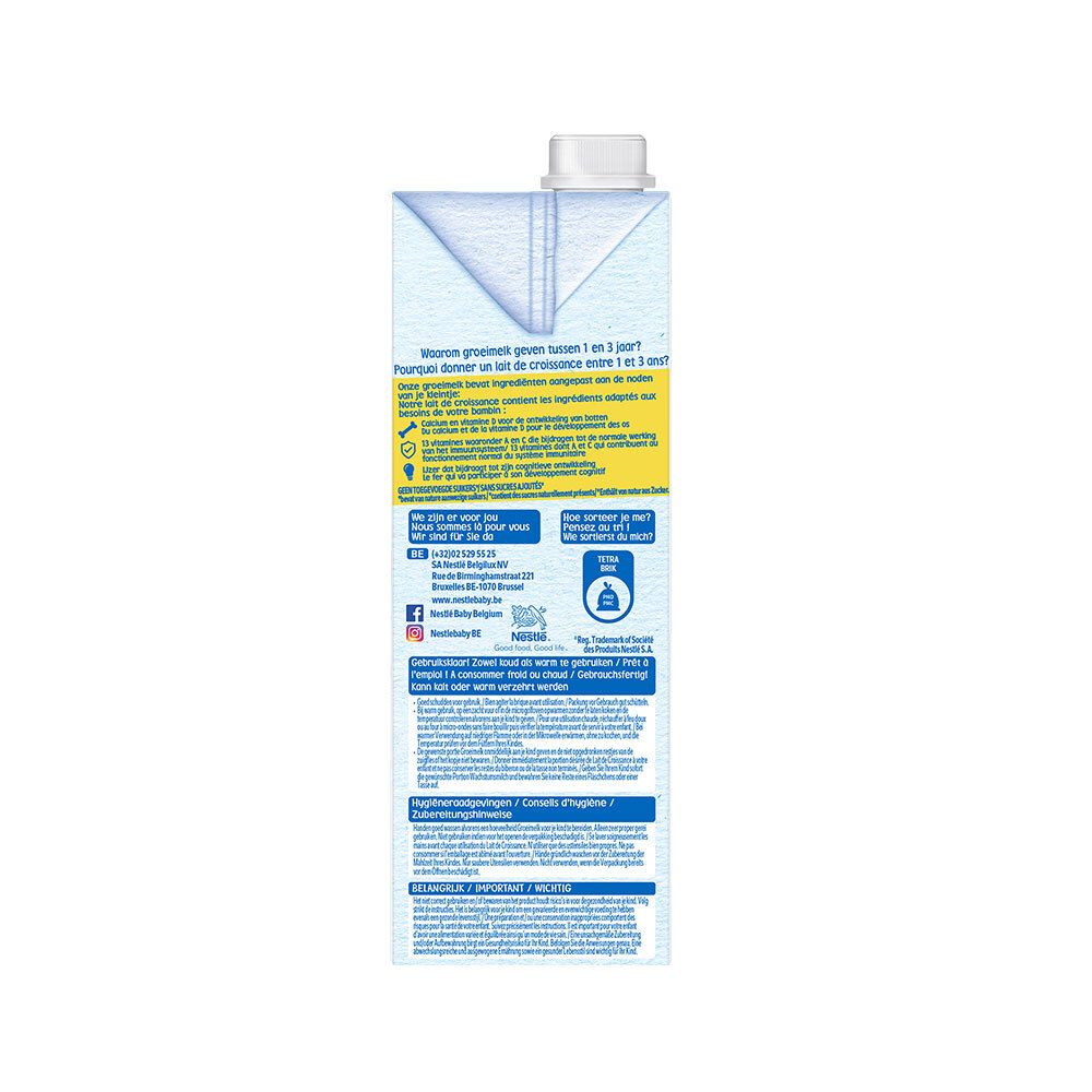 Dos de la brique Tetrapack avec informations. Texte multilingue. Contient des informations nutritionnelles et ingrédients.