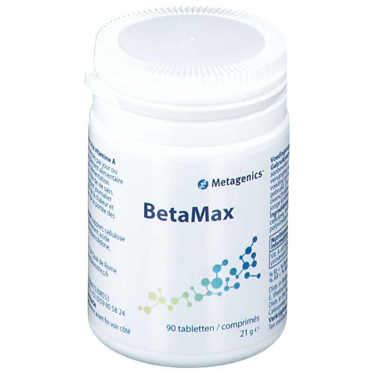 Boîte blanche de BetaMax Metagenics. 90 comprimés, 21g. Graphique bleu et jaune.