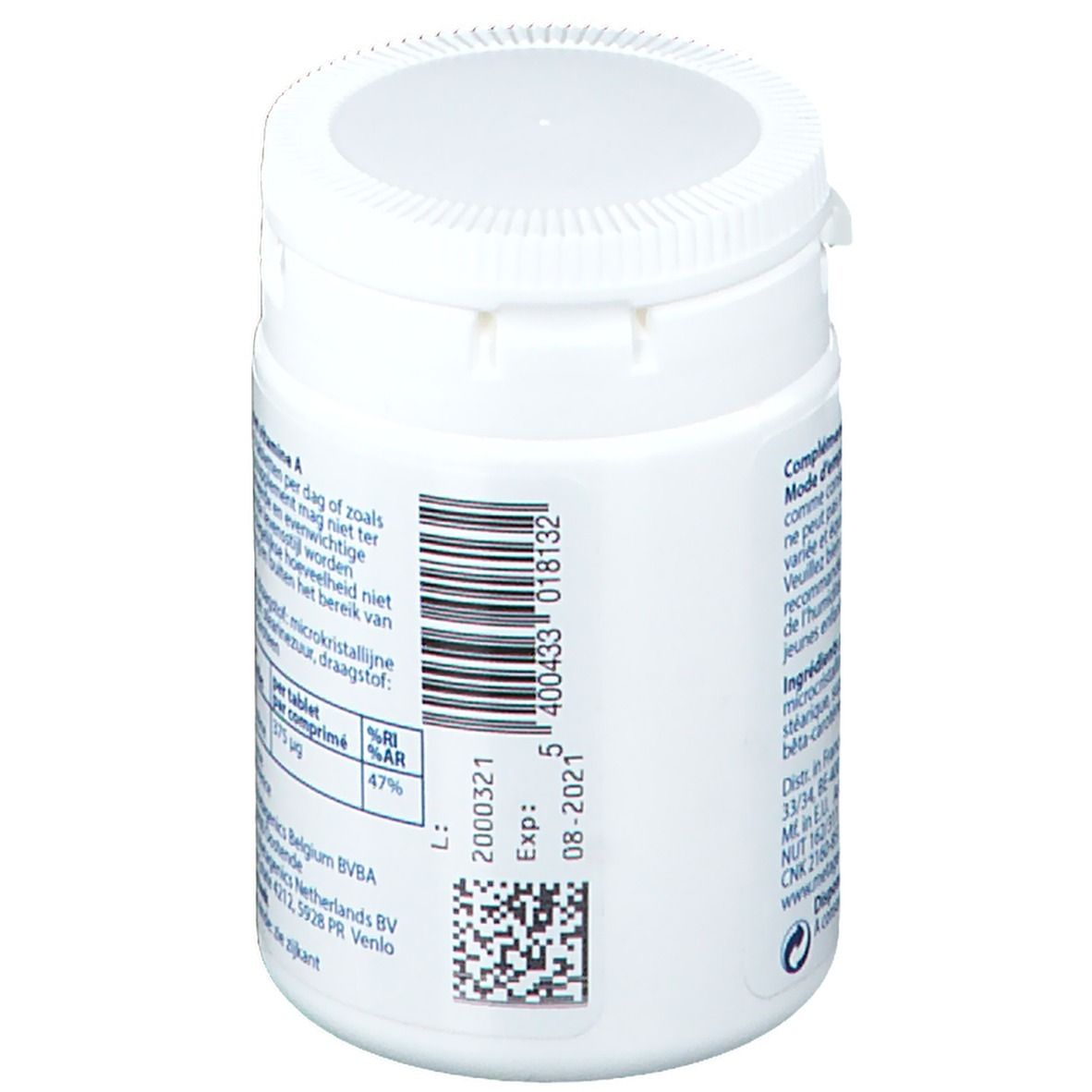 Dos de la boîte blanche avec code-barres, QR code et date d'expiration: 08-2021.