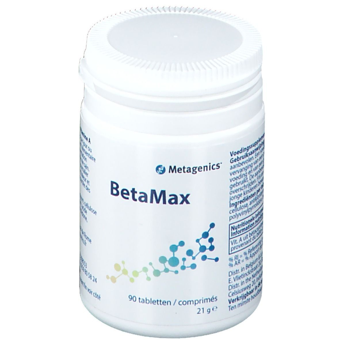 Boîte blanche de BetaMax Metagenics. 90 comprimés, 21g. Graphique bleu et jaune.
