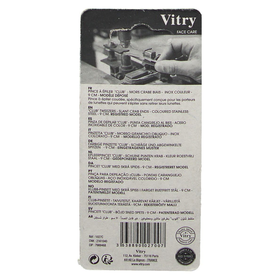 Dos de l'emballage. Informations produit multilingues. Marque Vitry.