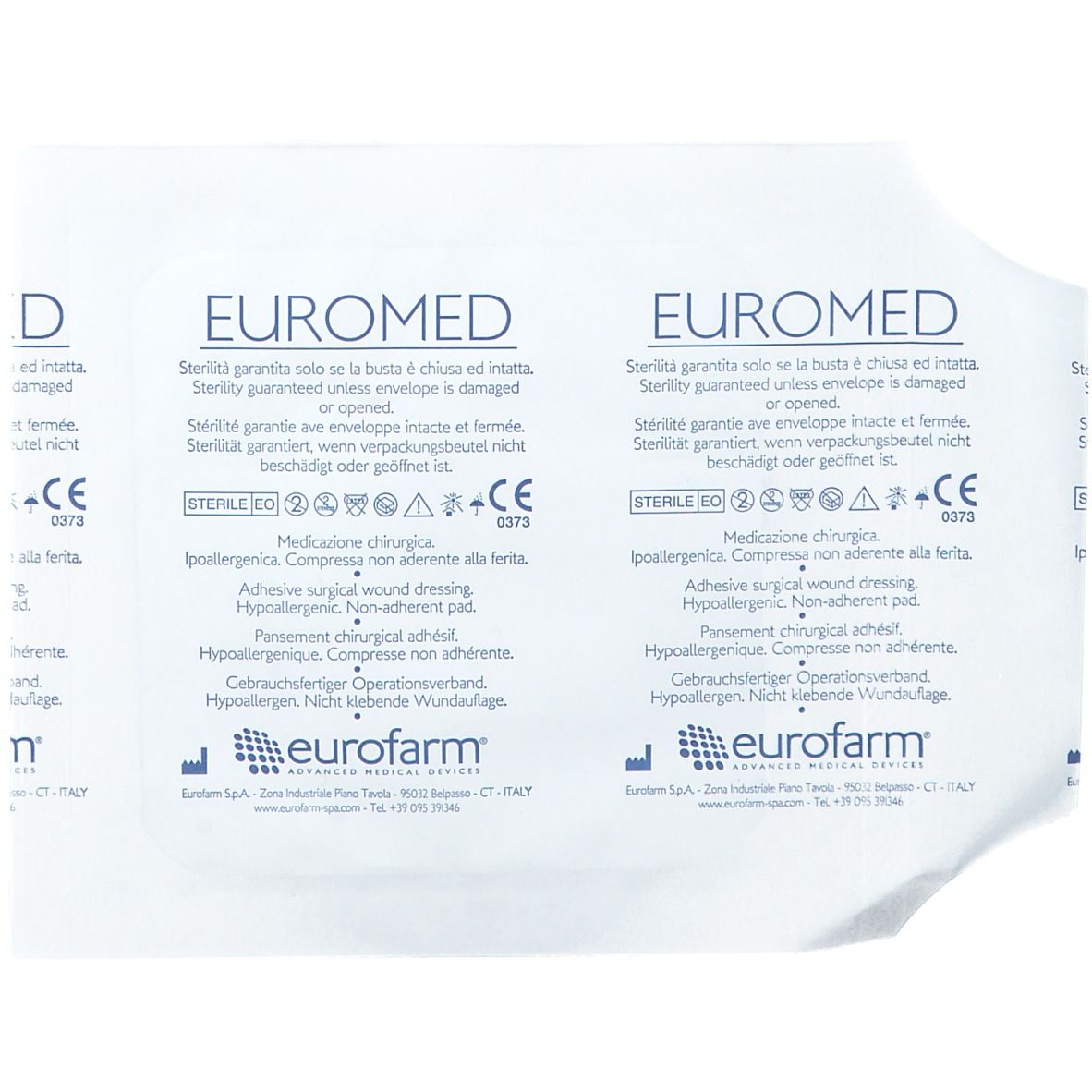 Emballage imprimé 'EUROMED'. Stérile, hypoallergénique, non adhérent. Avec marquage CE et logo.
