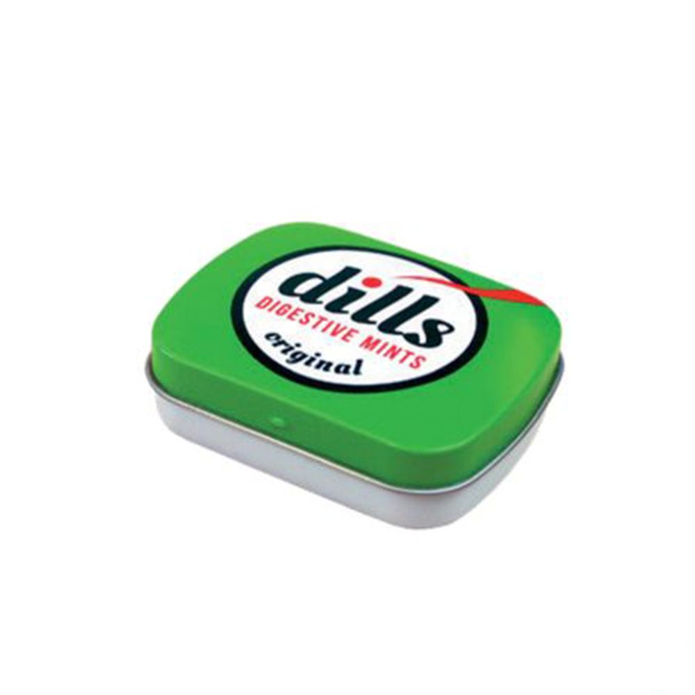 Groene, rechthoekige doos met witte cirkel en opschrift "dills DIGESTIVE MINTS original". Rode accent. Perspectief.