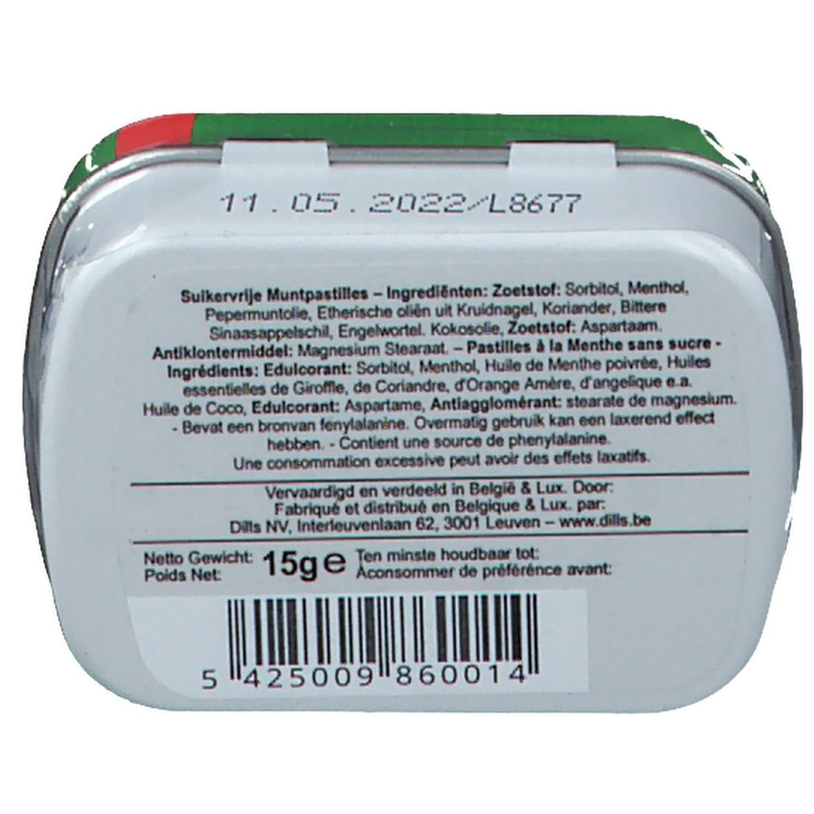 Achterkant van de doos met tekst in het Nederlands en Frans. Bevat ingrediëntenlijst, gewicht en barcode. Witte achtergrond.