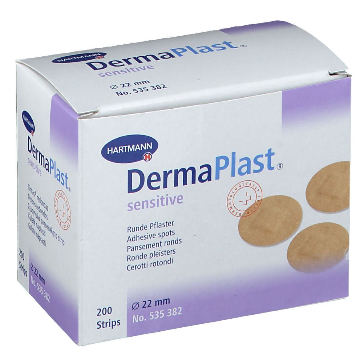 Boîte de pansements ronds 22 mm. Marque: Dermaplast sensitive. Contient 200 pièces.