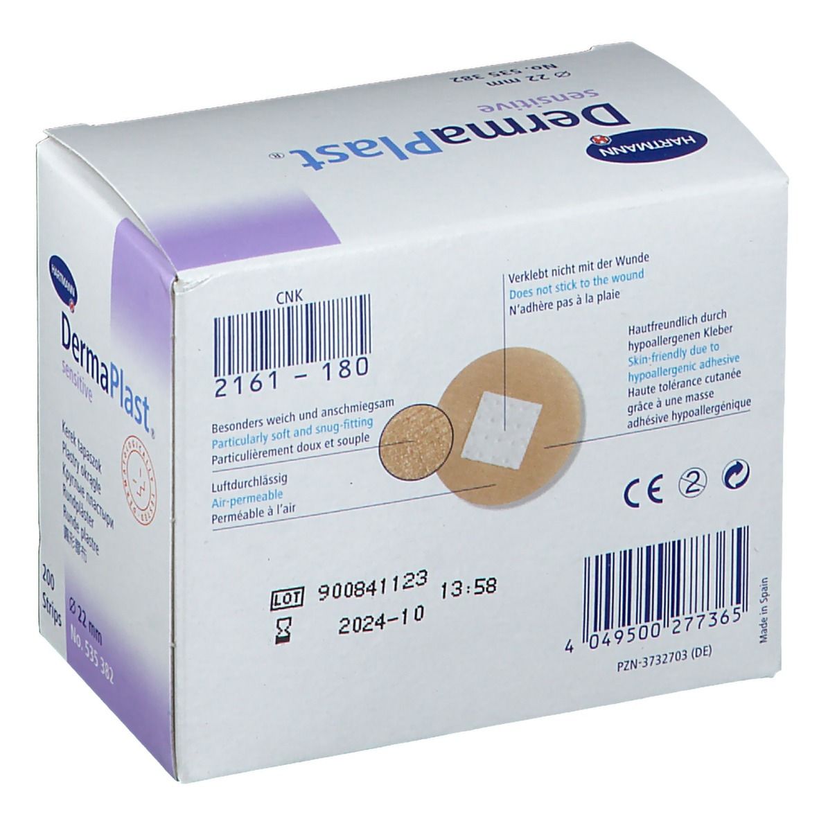 Dos de la boîte de pansements ronds 22 mm. Marque: Dermaplast sensitive. Détails et certifications.