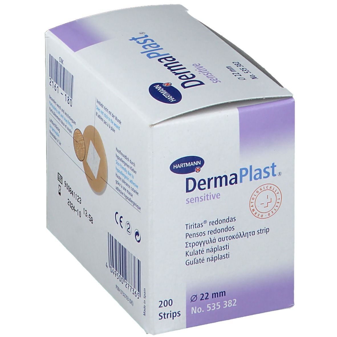 Boîte en biais, dos. Pansements ronds 22 mm. Marque: Dermaplast sensitive. Détails et certifications.