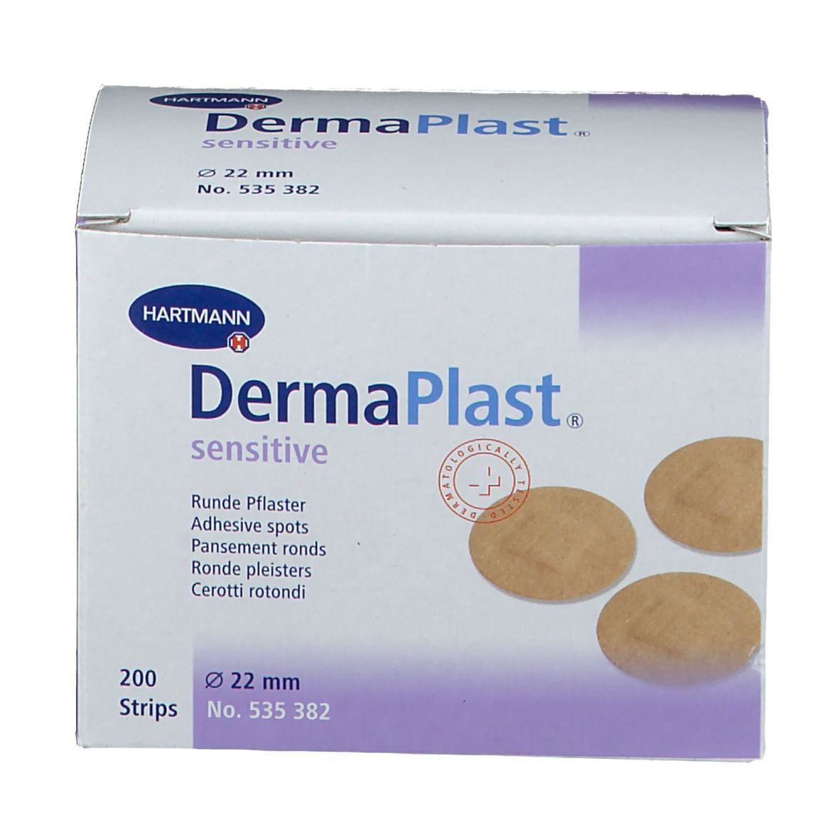 Boîte de pansements ronds 22 mm. Marque: Dermaplast sensitive. 200 pièces. Pansements visibles.