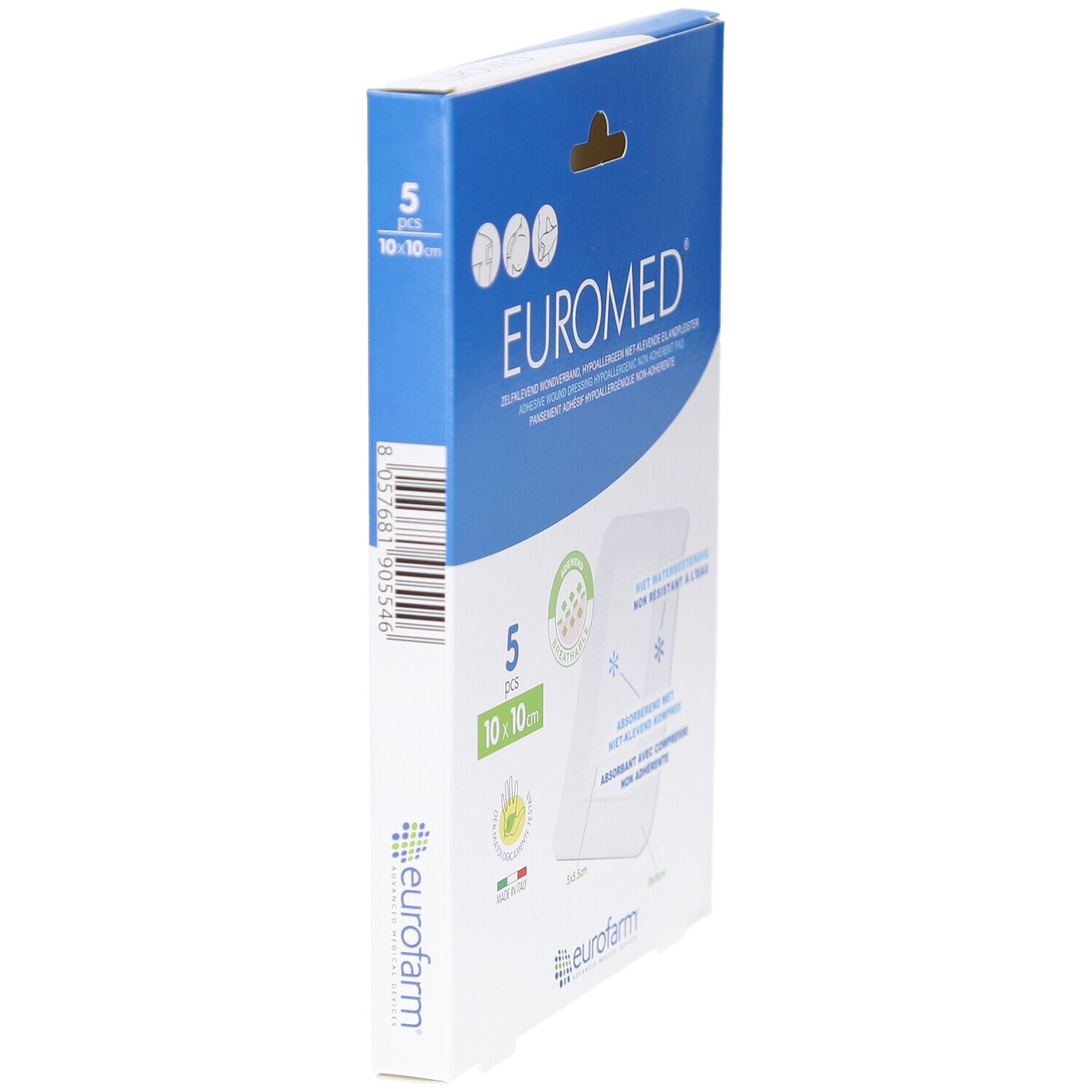 Seitenansicht der Euromed Wundpflaster-Verpackung. Text: Euromed, 10x10 cm, 5 Stück. Sterile EO. Aufhängevorrichtung.