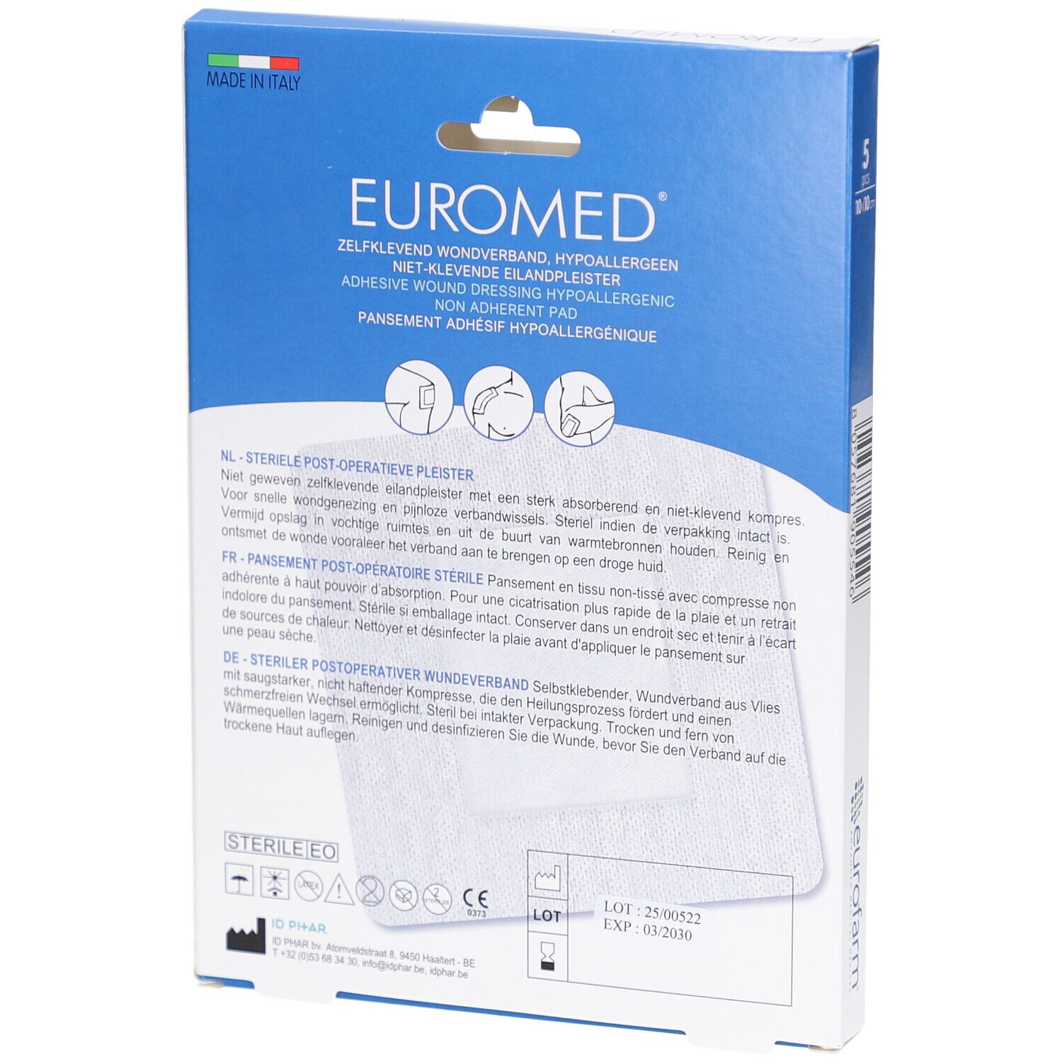 Verpackung mit Euromed Wundpflaster 10x10 cm. 5 Stück. Sterile EO. Produktabbildung mit Texten in mehreren Sprachen.