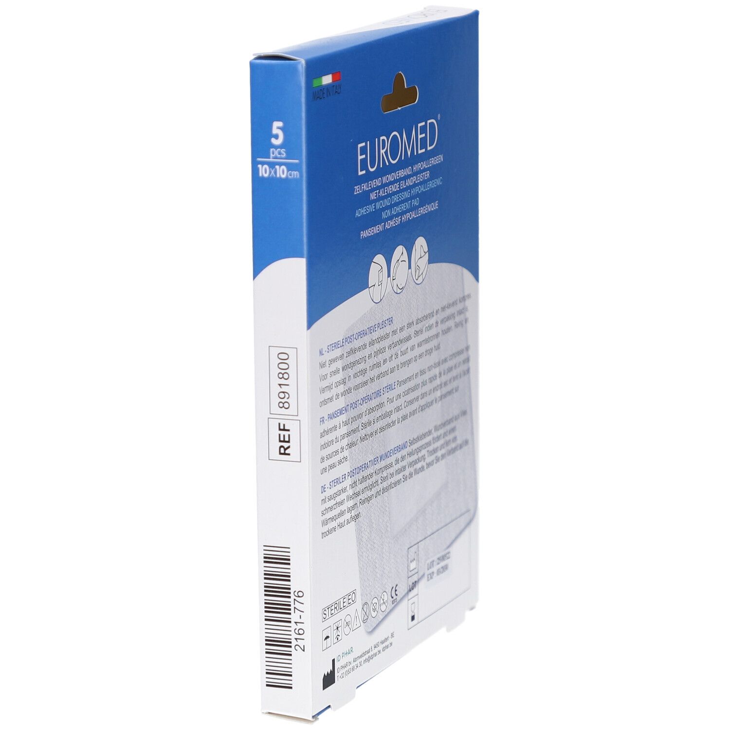 Seitenansicht der Euromed Wundpflaster-Verpackung. Text: Euromed, 10x10 cm, 5 Stück. Sterile EO. CE-Kennzeichnung.