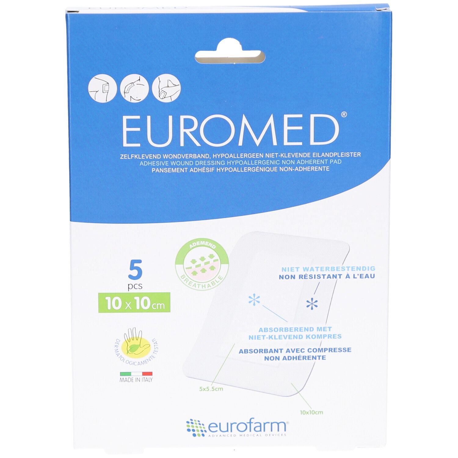 Verpackung mit Euromed Wundpflaster 10x10 cm. 5 Stück. Sterile EO. Abbildung eines Knies mit Pflaster.