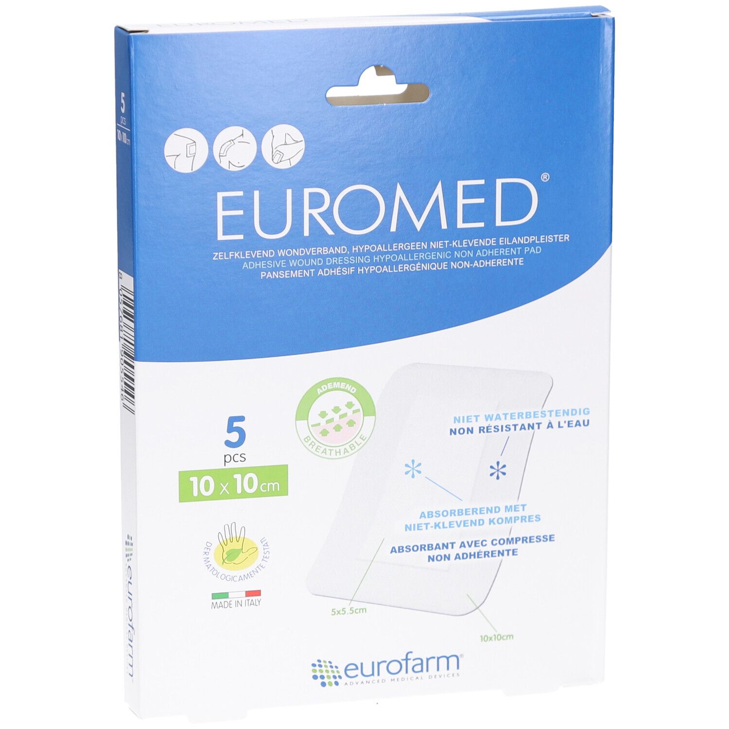 Verpackung mit Euromed Wundpflaster 10x10 cm. 5 Stück. Sterile EO. Abbildung eines Knies mit Pflaster.