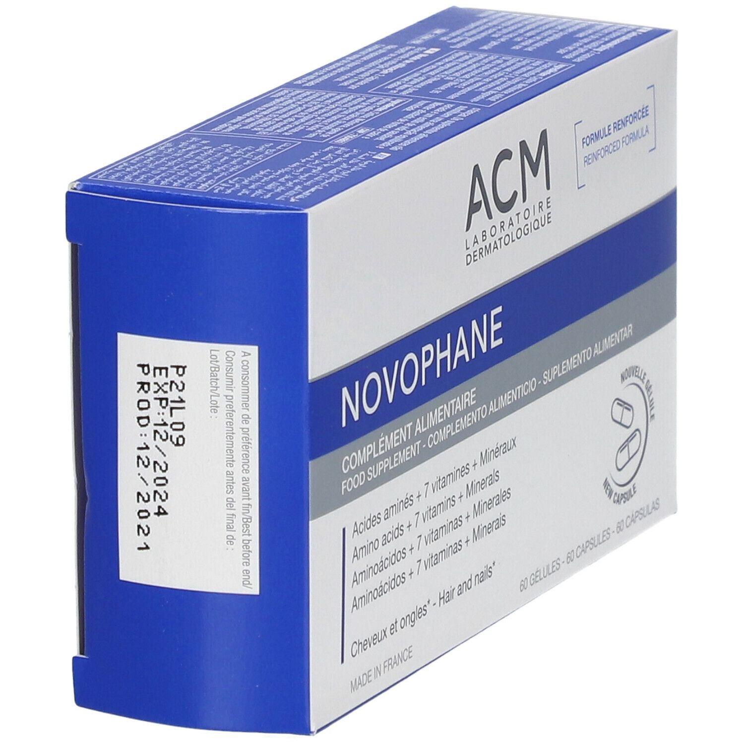 Scatola Novophane, angolata. Scritta: ACM Laboratoire Dermatologique. Contiene 60 capsule. Contiene aminoacidi, vitamine e minerali. Data di scadenza.