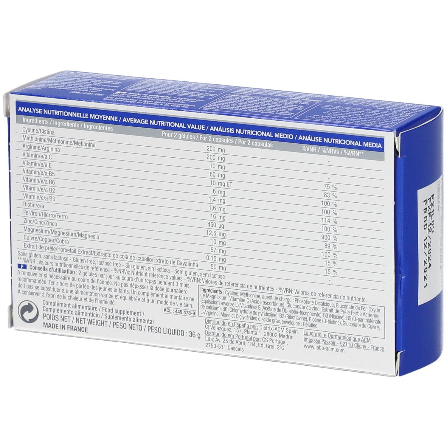 Retro della confezione Novophane. Contiene informazioni nutrizionali. Contiene cistina, metionina, arginina, vitamina E, B5, B6, B8, B2, ferro, magnesio, zinco, rame.