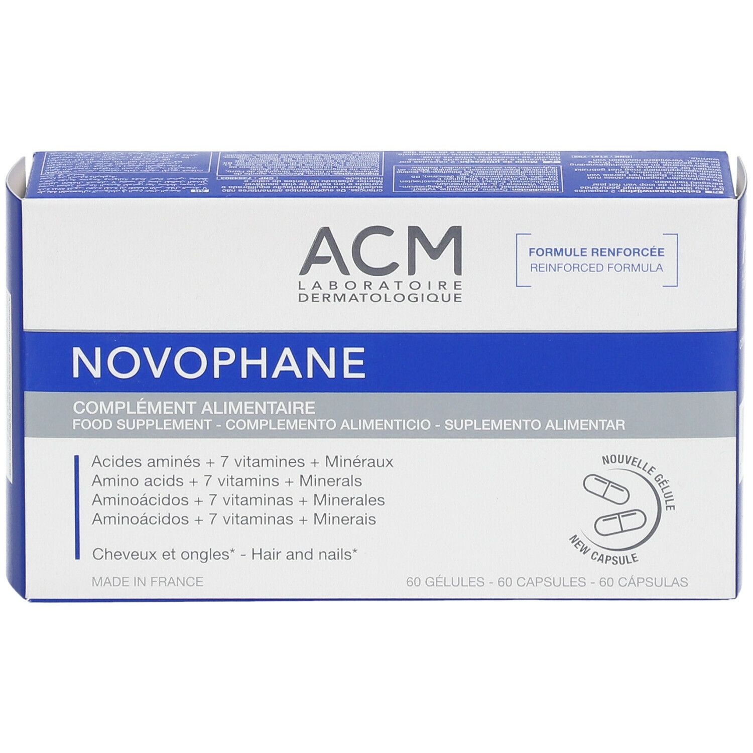 Scatola Novophane. Contiene 60 capsule. Scritta: ACM Laboratoire Dermatologique. Contiene aminoacidi, vitamine e minerali.