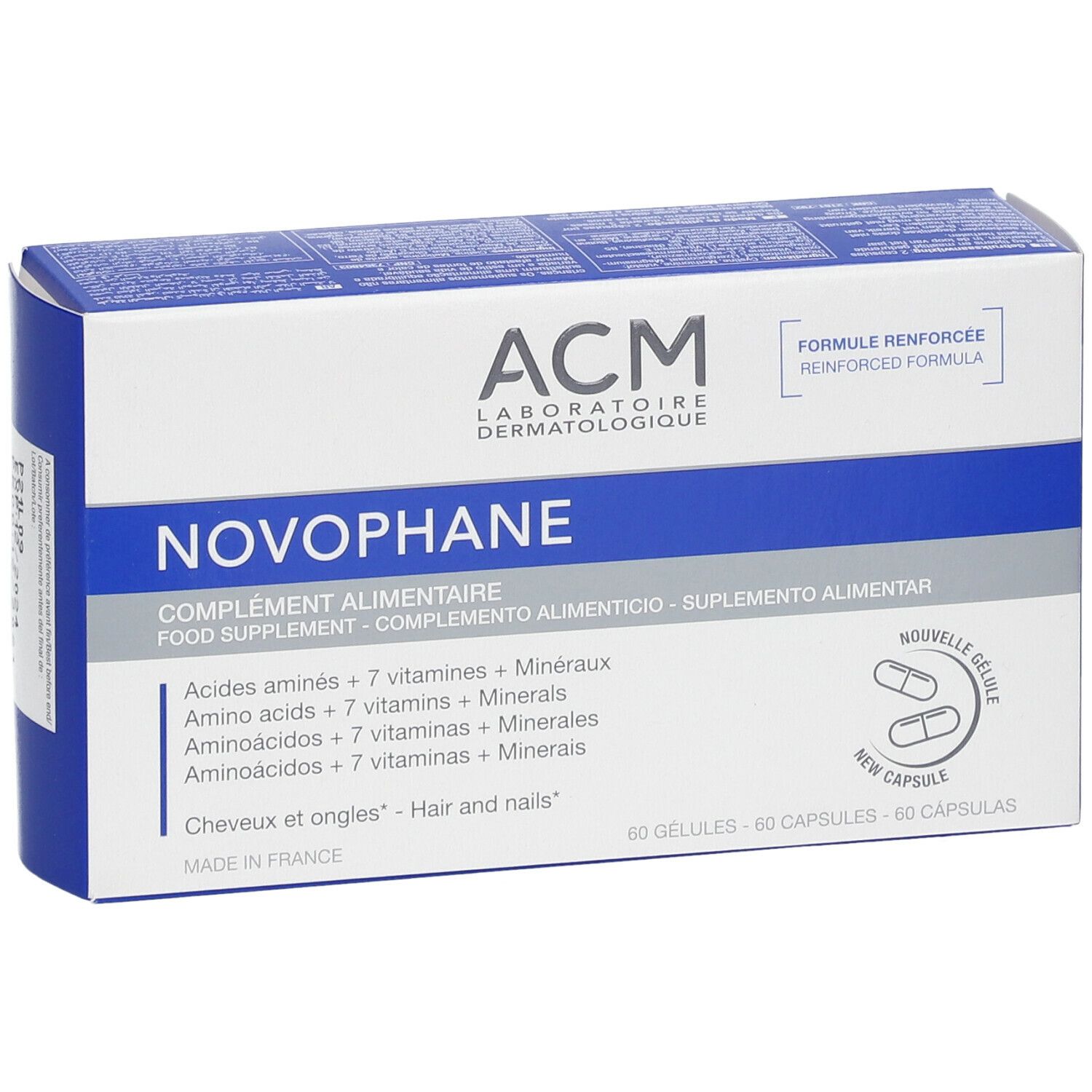 Scatola Novophane. Contiene 60 capsule. Scritta: ACM Laboratoire Dermatologique. Contiene aminoacidi, vitamine e minerali.