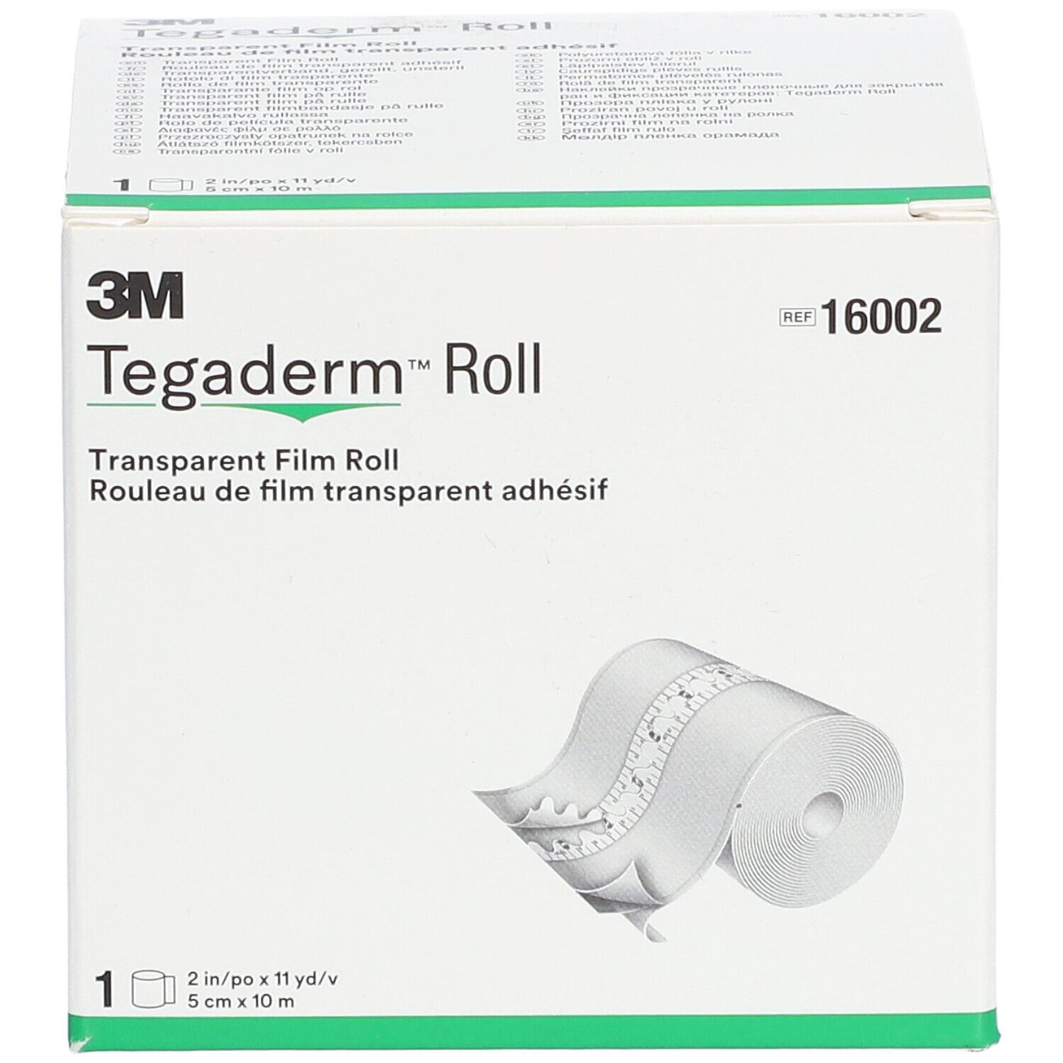 Boîte 3M Tegaderm Roll. Inscription: Transparent Film Roll, 5 cm x 10 m. Illustration du rouleau.