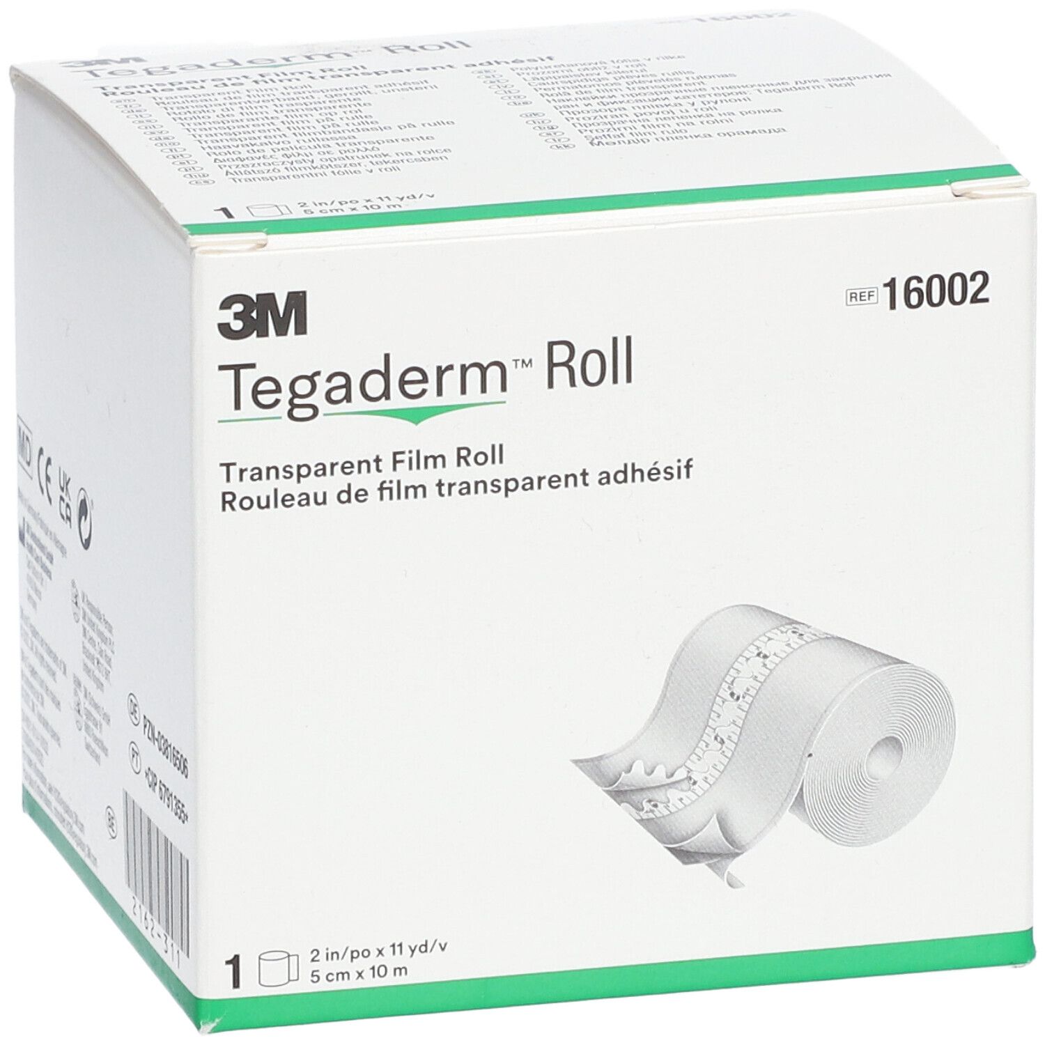 Boîte 3M Tegaderm Roll. Inscription: Transparent Film Roll, 5 cm x 10 m. Illustration du rouleau.