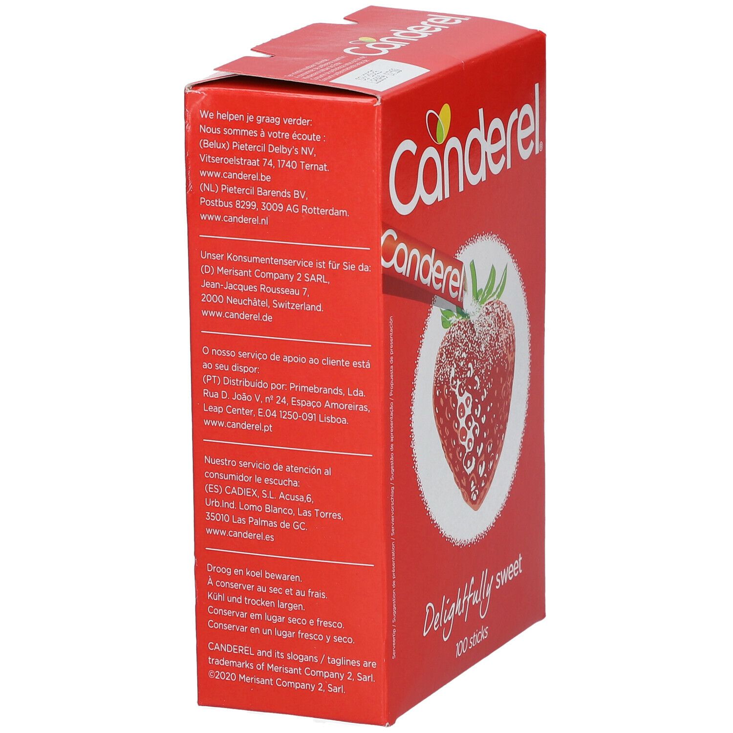 Boîte rouge Canderel, vue latérale. Texte et logo sur fond rouge. Illustration de fraise.