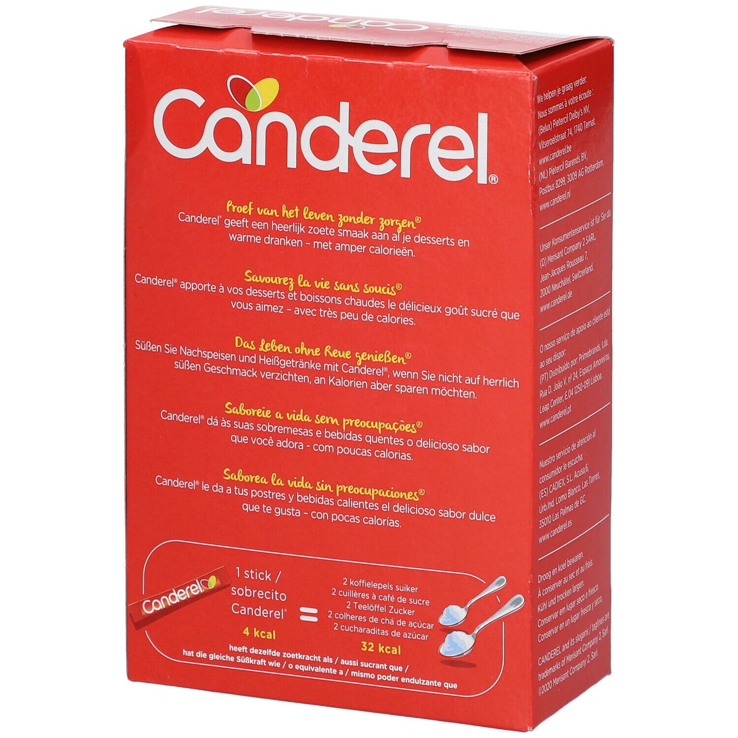 Boîte rouge Canderel avec texte. Inscription : 1 stick/4 kcal. Comparaison avec le sucre.