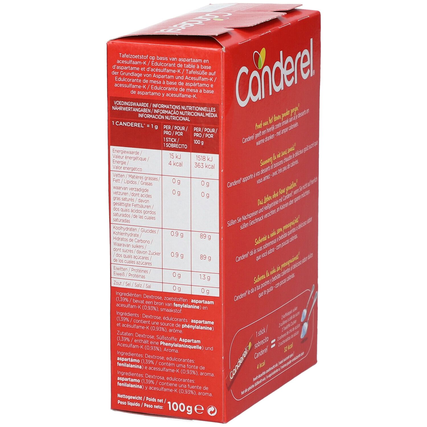 Boîte rouge Canderel avec informations nutritionnelles. Texte et tableaux sur fond rouge.