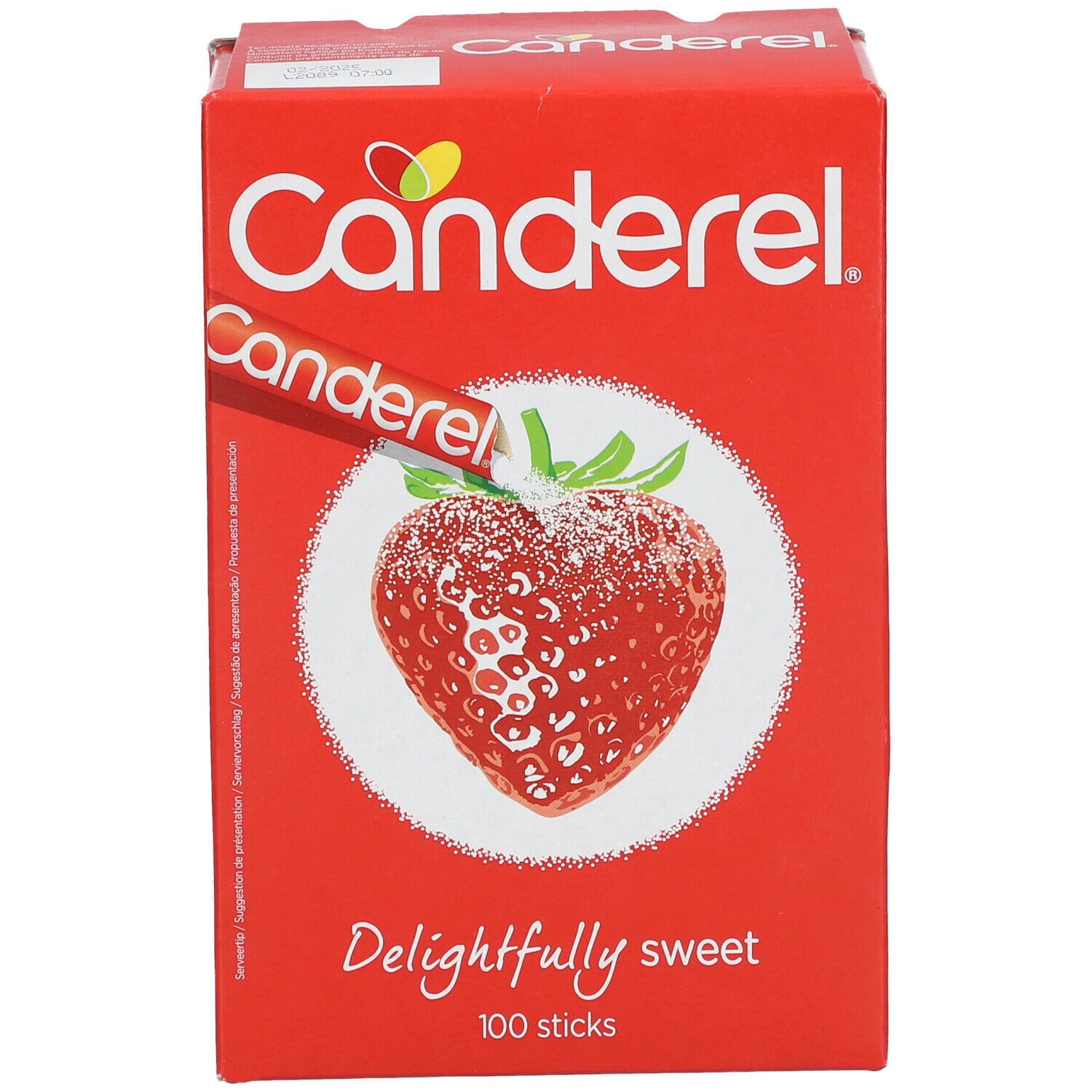 Boîte rouge Canderel avec logo et fraise. Un stick à côté. Inscription : Delightfully sweet, 100 sticks.