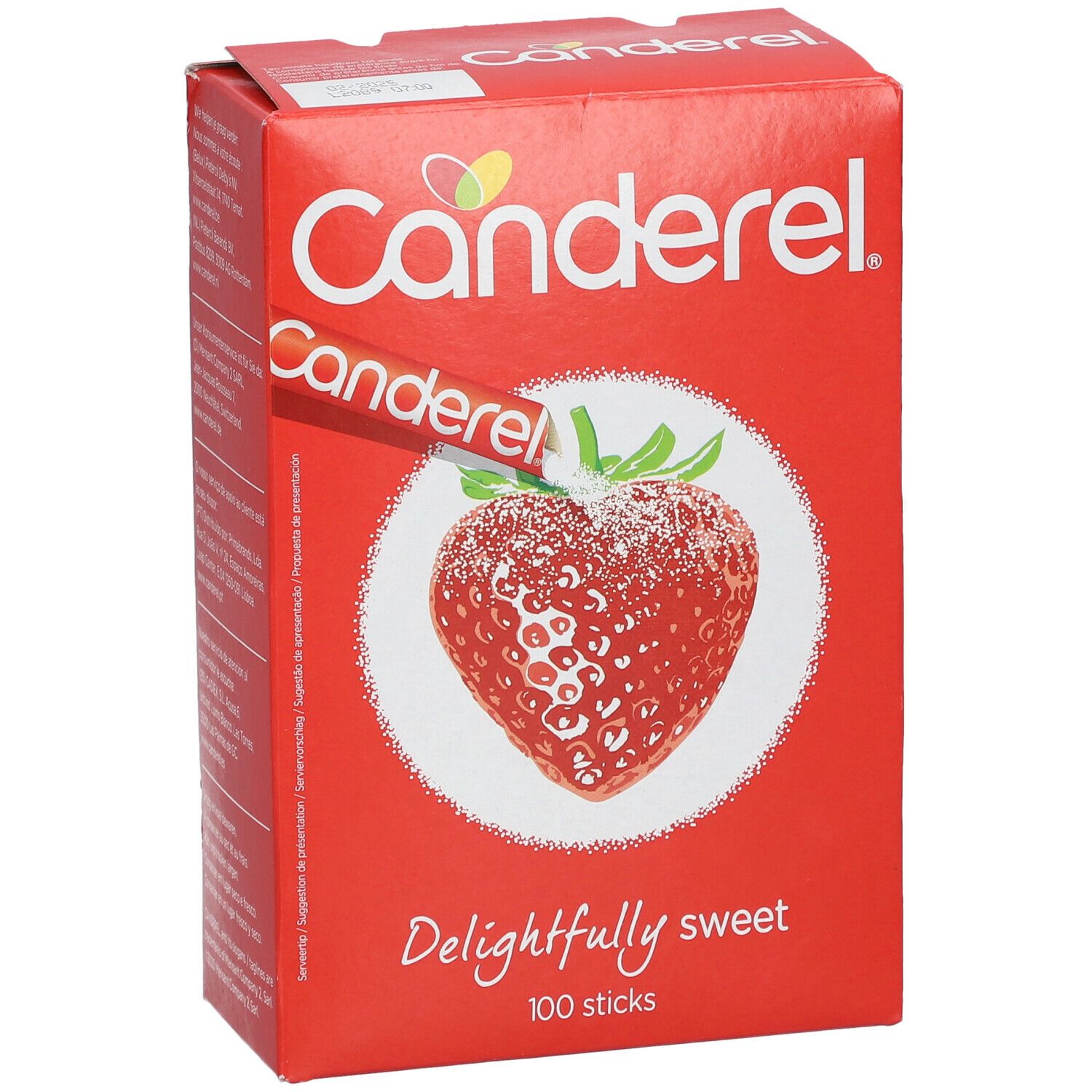 Boîte rouge Canderel avec logo et fraise. Un stick à côté. Inscription : Delightfully sweet, 100 sticks.
