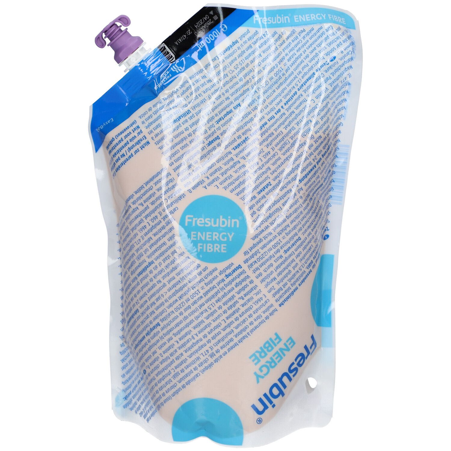 Poche de Fresubin Energy Fibre. Emballage transparent avec informations produit. Bouchon violet.