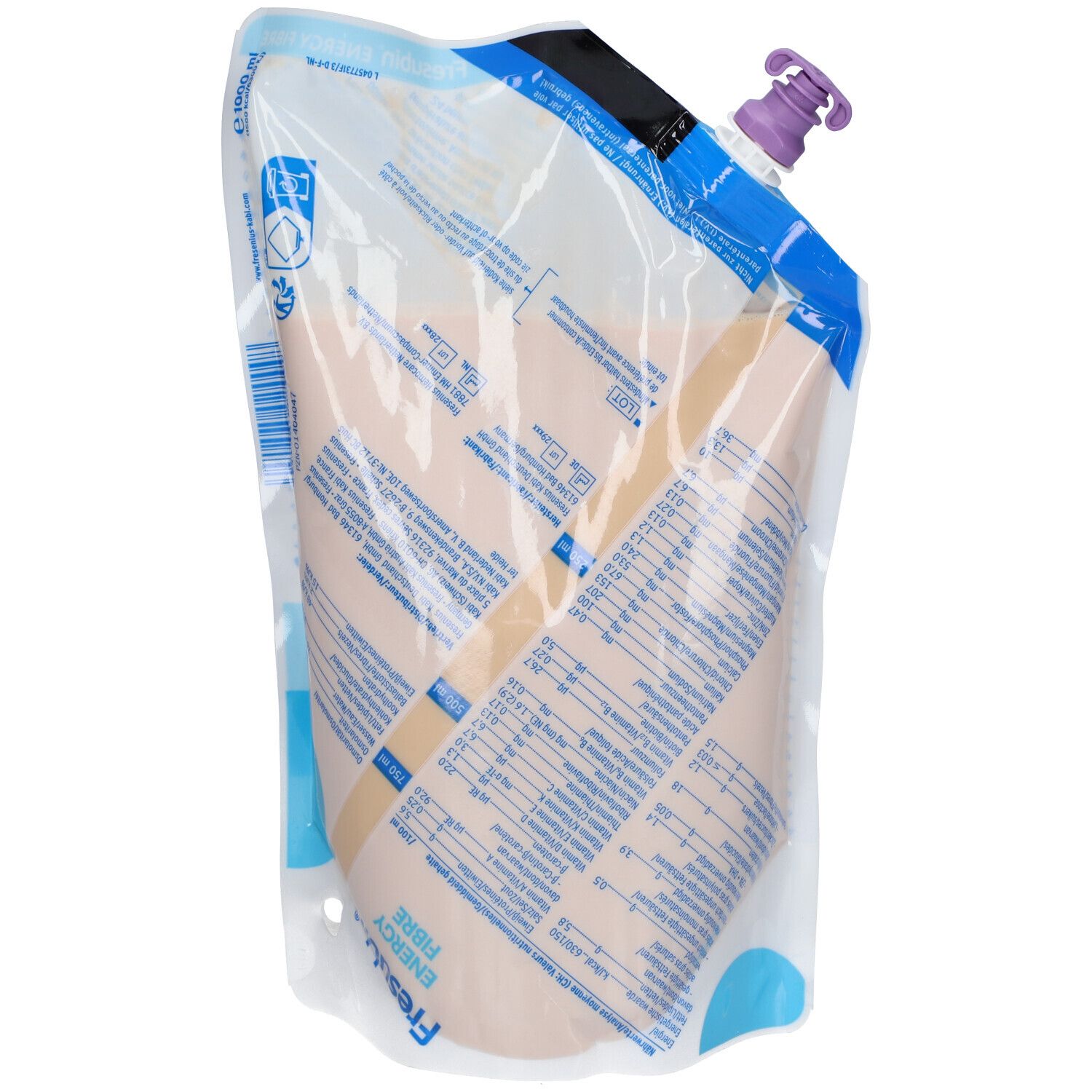 Fresubin Energy Fibre en sachet. Emballage transparent avec informations produit. Bouchon violet.