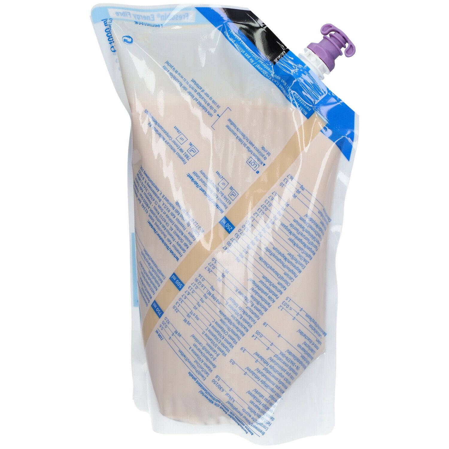 Fresubin Energy Fibre en sachet. Emballage transparent avec informations produit. Bouchon violet.