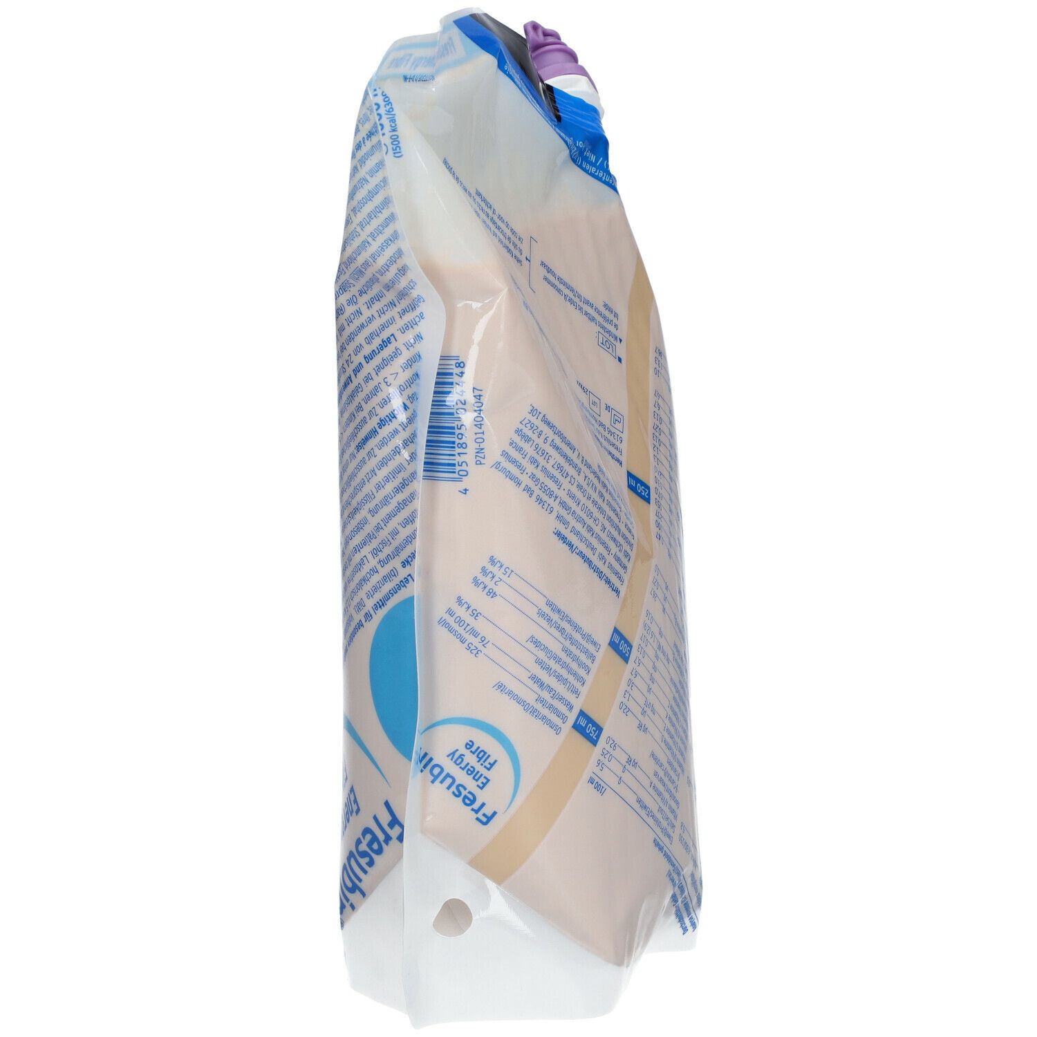 Sachet Fresubin Energy Fibre, vue latérale. Emballage transparent avec informations produit. Bouchon violet.
